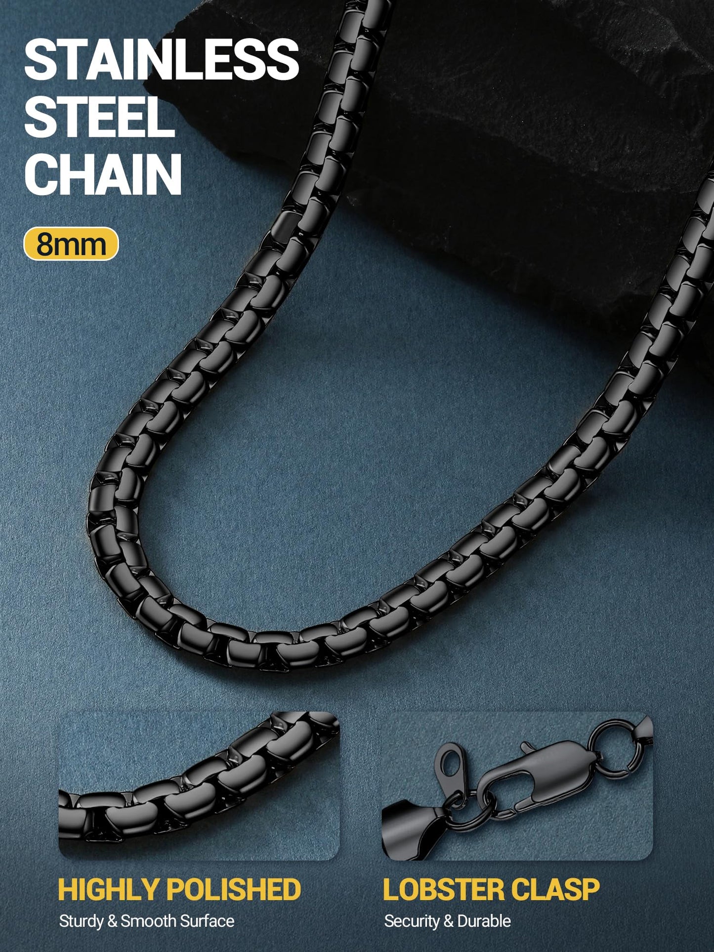 PROSTEEL Black Stainless Steel Necklace for Men 8mm Non Tarnish & Hypoallergenic Long Chain Hip Pop Jewelry