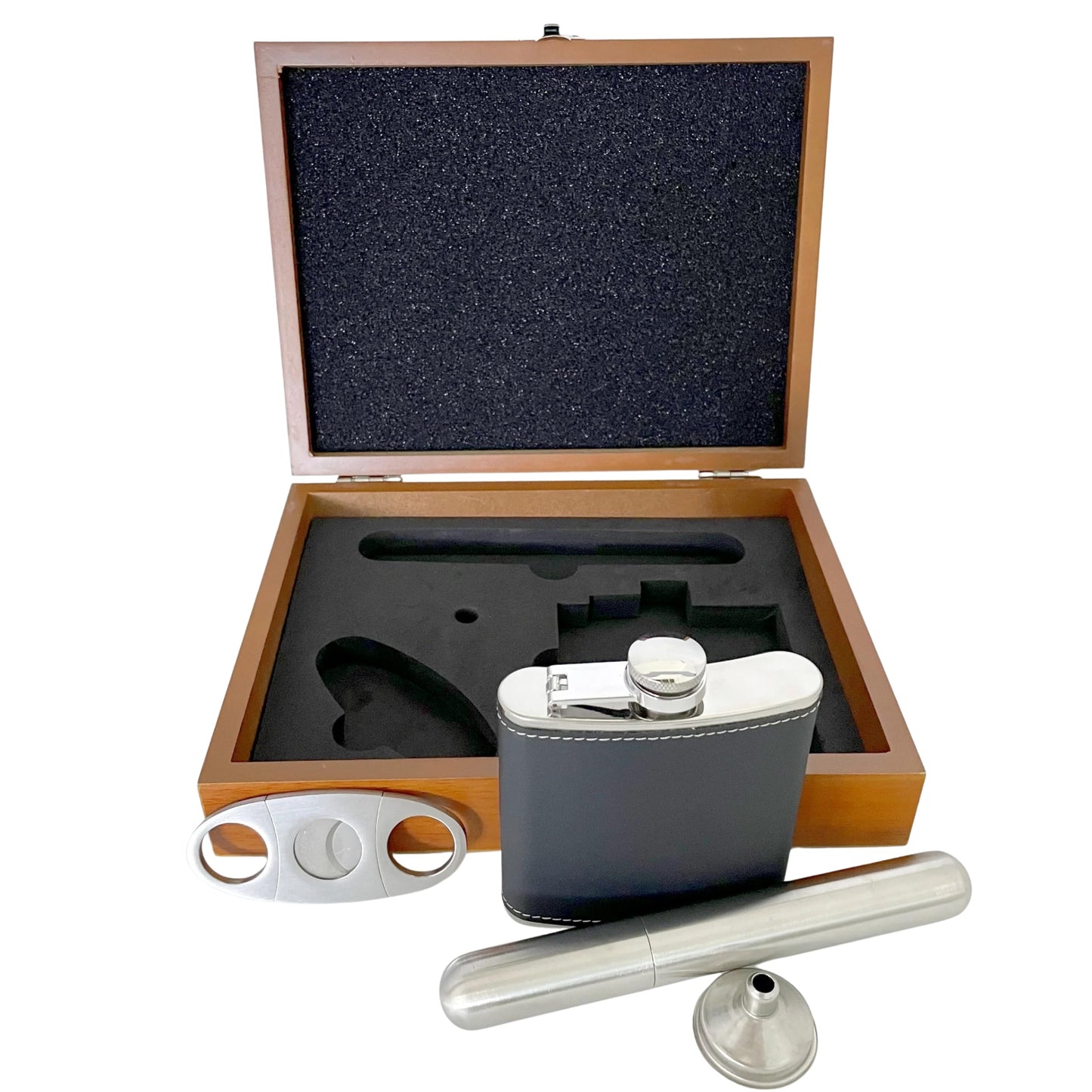 Flask Gift Set for Men – Stainless Steel Hip Flask with Funnel, Cutter & Case in Elegant Wooden Box – Perfect for Whiskey Lovers, Groomsmen, Gifts & Special Occasions