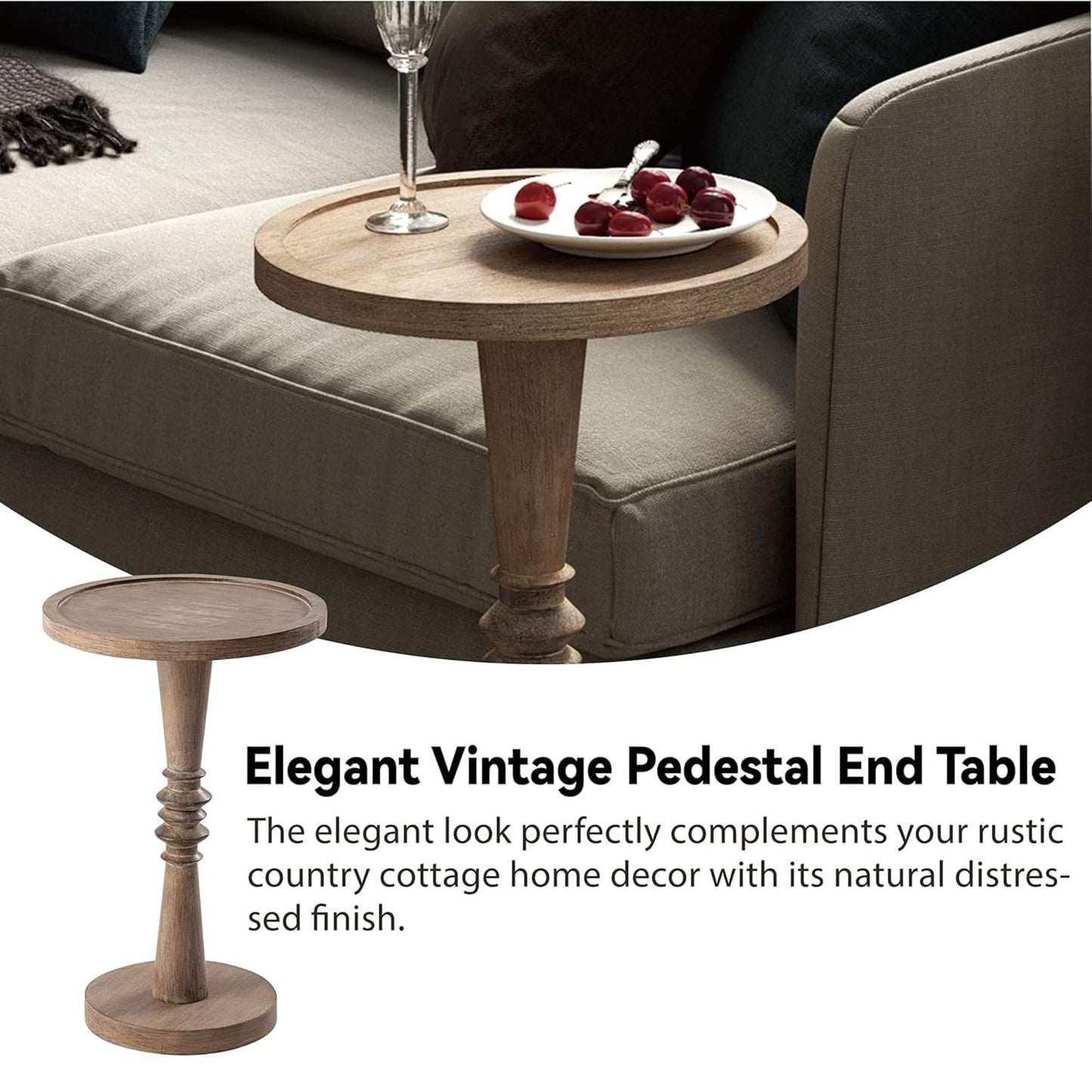 COZAYH Traditional Rustic Pedestal Table, Round Tray Top End Table with Farmhouse Style Distressed Finish for Small Spaces, Brown