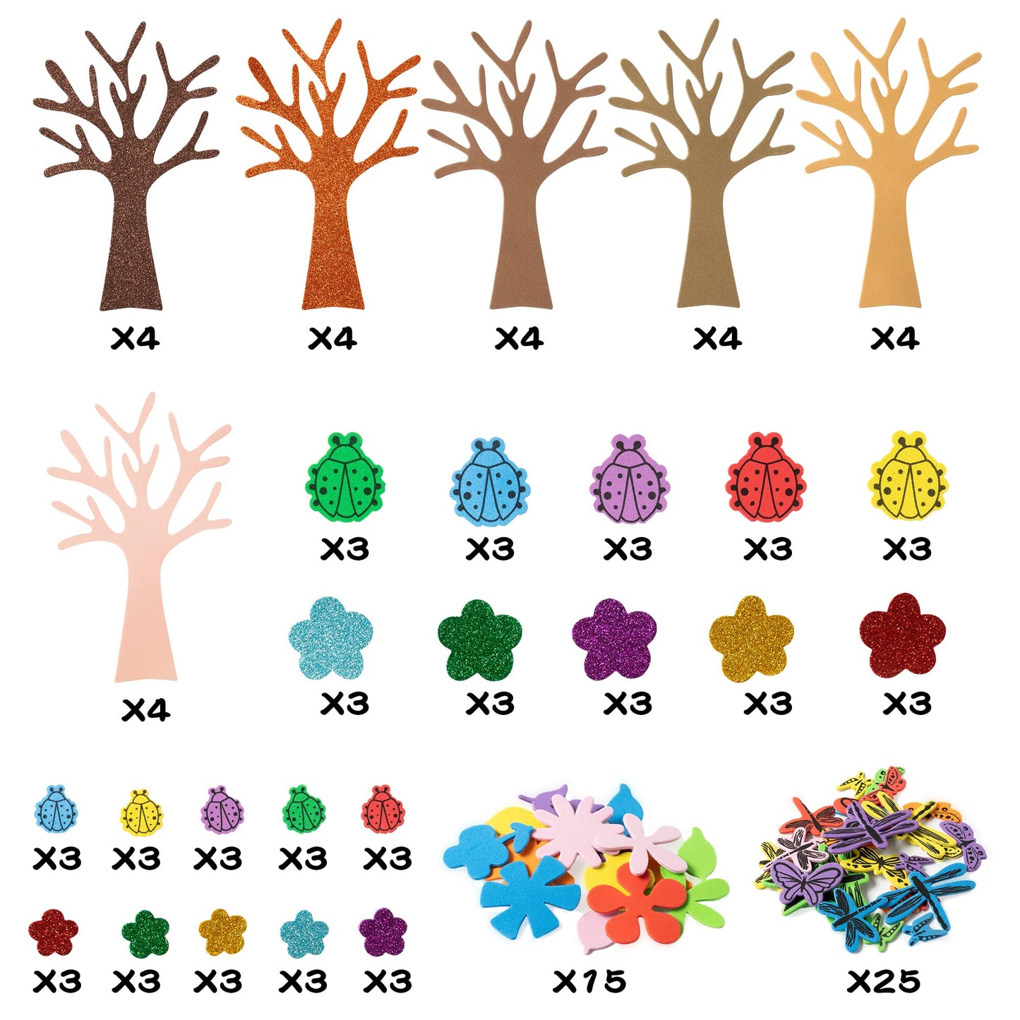 JAPBOR 86PCS Spring Tree Foam Craft Sticker, Springtime Glitter Flower Leaf Butterfly Self Adhesive Stickers, Make Your Own Spring Trees Party Decoration for Art Fun Home Classroom Activities