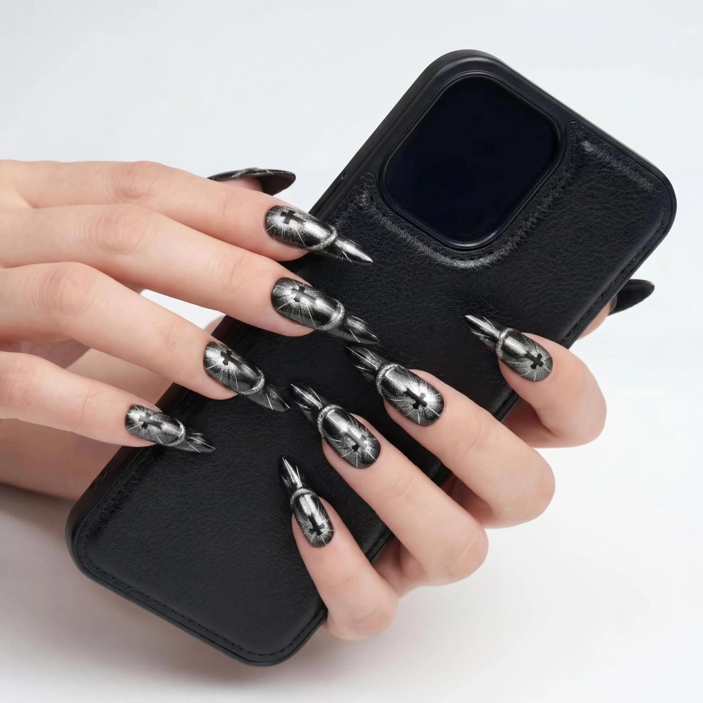 Handmade Gothic Press On Nails 1.6in Ultra Long Stiletto (Narrow Fit for Petite/Average Nail Beds) - 3D Silver Cat Eye Black Fake Nails, Reusable Y2K Stick On Nails 20Pcs