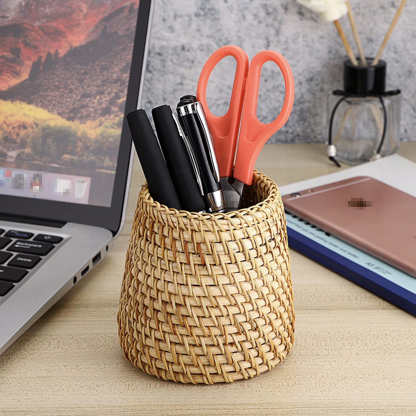BTSKY Rattan Pen Cup, Handmade Desk Pencil Holders Makeup Brush Holder Multi-Functional Woven Basket Office&Home Desktop Organizer(Cone)