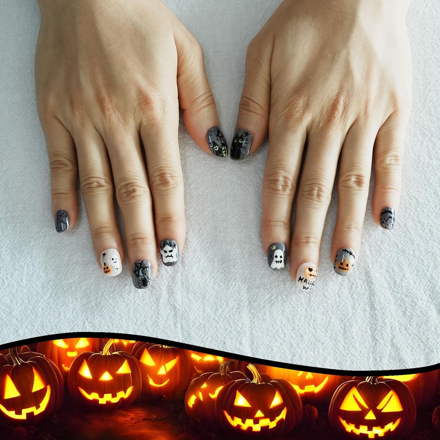 Handmade Goth Press on Nails Short Square - Glossy Grey 3D Ghost & Black Cat Design, Edgy Alt Style Fake Nails, Salon Quality Reusable Nails (Autumn Haunted Story,M)