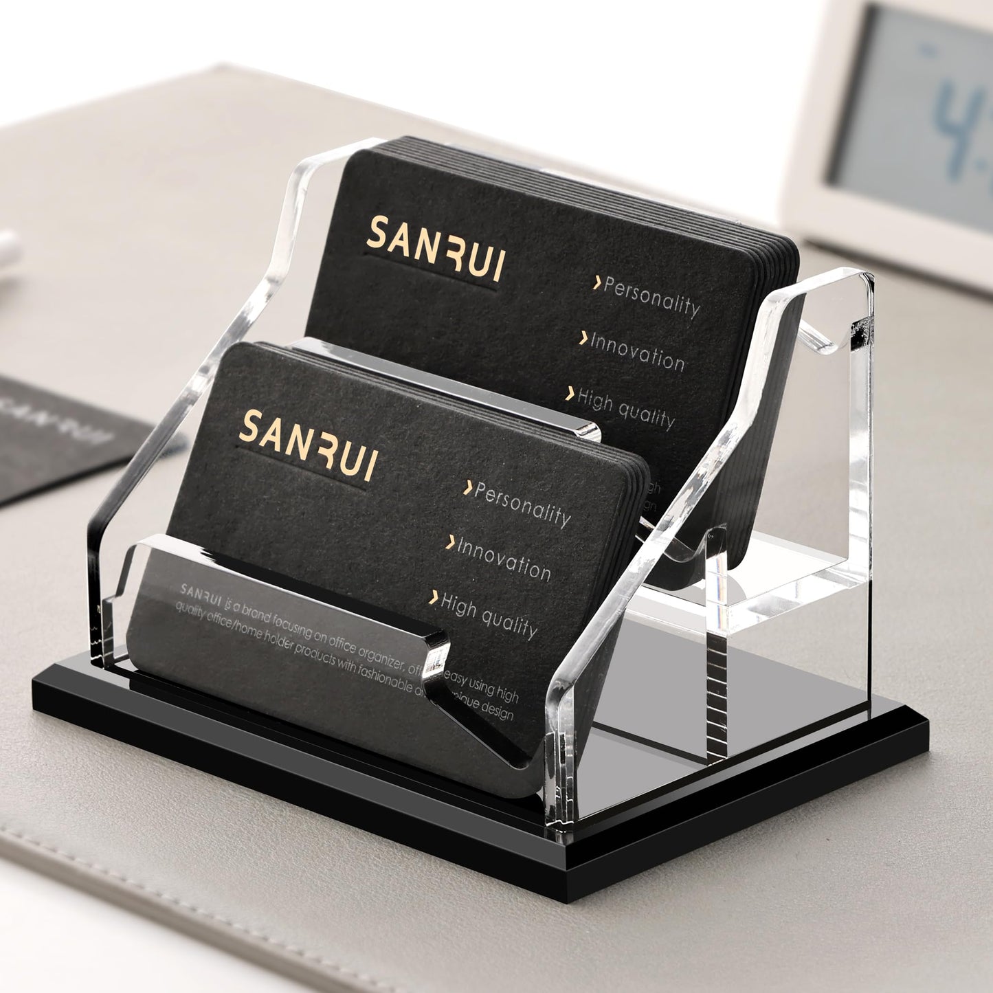 SANRUI Acrylic Business Card Holder, Black Business Cards Display Stand for Desk, Clear Horizontal 2 Slot Desktop Organizer , 120 Card Capacity