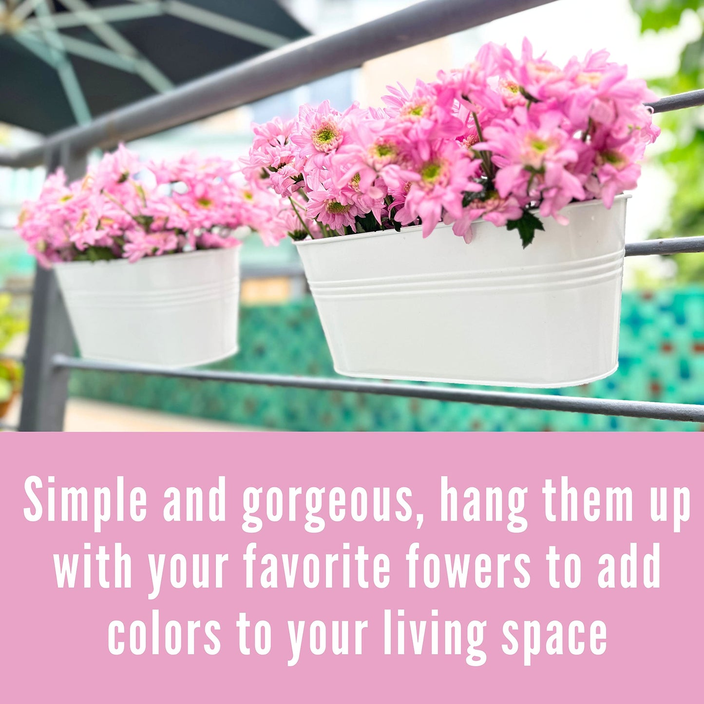 LaLaGreen Outdoor Plants Rail Planter (16 Inch, 6 Pack) White Metal Iron Hanging Flower Pots Deck Railings Fence Buckets Modern Boho Style Wall Mount Window Boxes Plant Holder Hooks Porch Home Decor