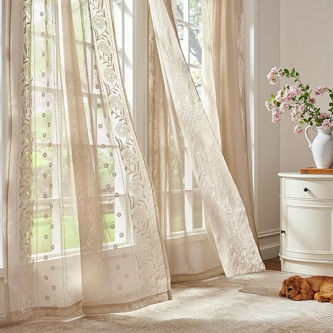 jinchan Winslow Beige Sheer Curtains 84 Inch for Bedroom Living Room Embroidered Bordered Floral Nursery Curtains for Playroom Dorm Light Filtering, Ivory on Beige, 2 Panels, 50W x 84L