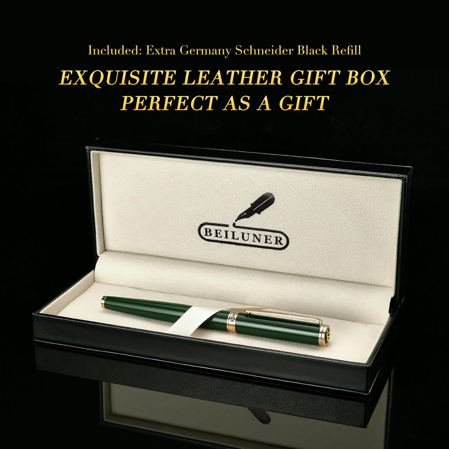 BEILUNER Luxury Rollerball Pen, Stunning Green Lacquer with 24K Gold Trim,Noble and Elegant Designs,Schneider Ink Refill, Best Gift Set for Men & Women, Refillable, Executive Writing, Nice Pens