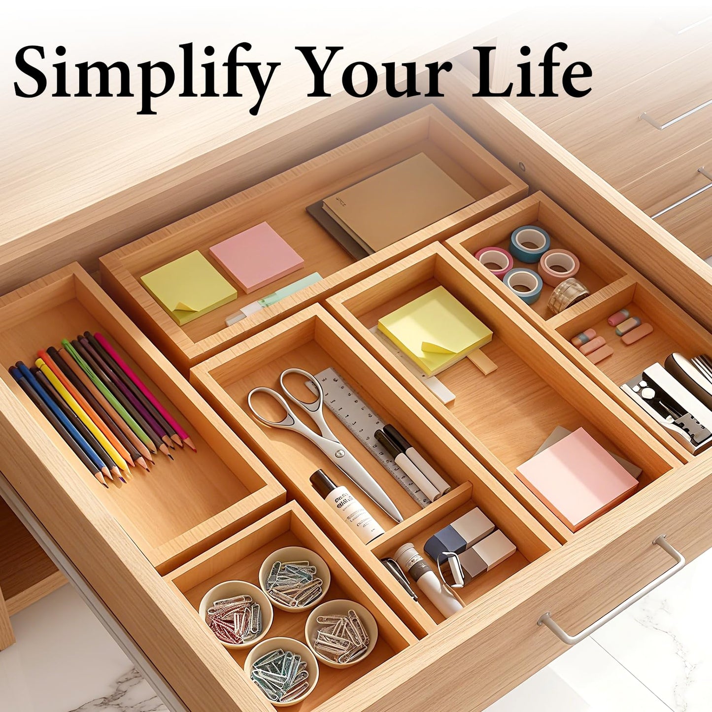Bamboo Drawer Organizer 5 Pcs for Kitchen Multi-purpose Storage Dividers for Kitchen, Office, Jewelry, Cosmetics, Wooden Drawer Dividers for Drawer Organizer Desk Organizer Gift for Women Gifts Idea