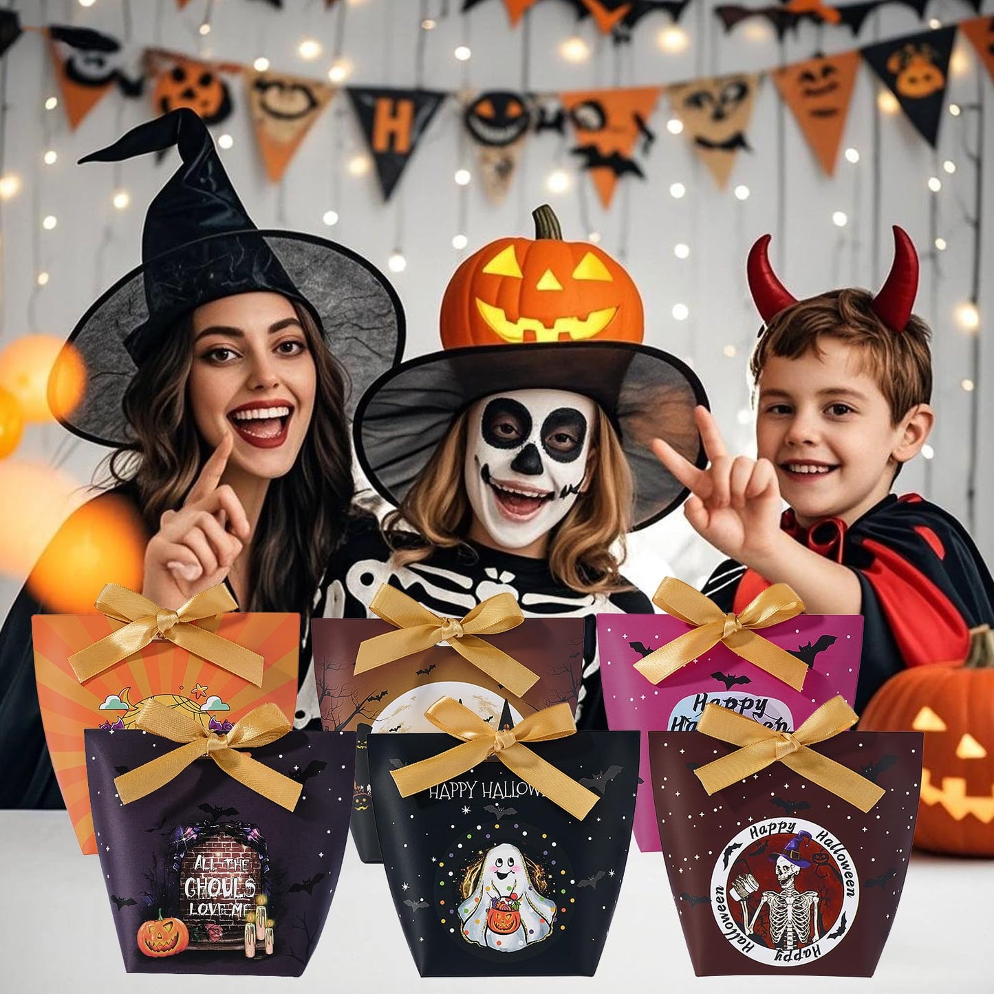 SLShePack 48 Set Halloween Treat Boxes with Ribbons,6 Patterns Gift Bags for Coworkers Decorations Boxes Party Favors Boxes