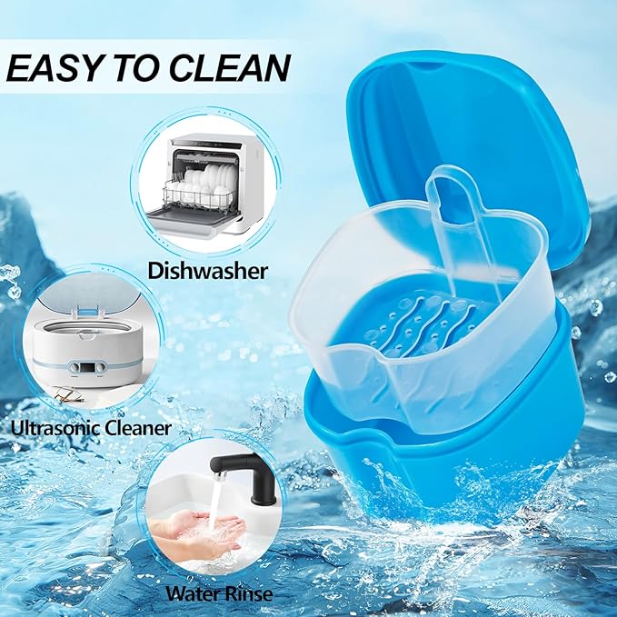 Denture Cups for Soaking Dentures, Partial Denture Holder Case Retainer Mouthguard Cleaning Box Case with 2 Small Brushes - Blue and Dark Blue