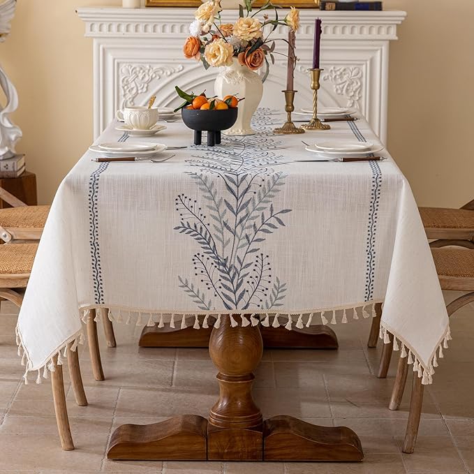 Joyfol Day Rustic Waterproof Linen Tablecloth, Heavy Weight Fern Embroidery Table Cloths for Rectangle Tables, Farmhouse Spill-Proof Table Covers with Tassels, Blue 55''x 70''