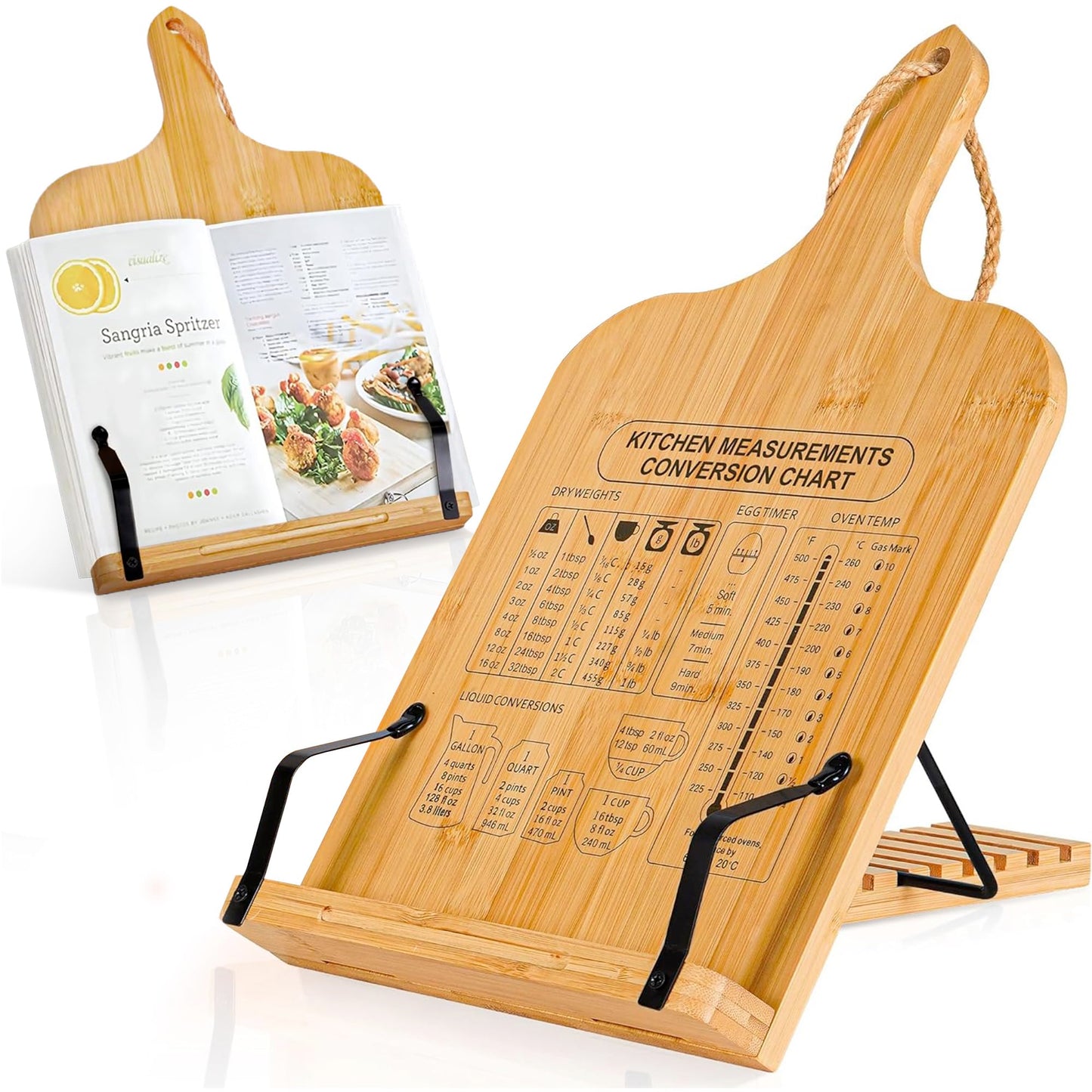 [Upgraded] Adjustable Bamboo Cookbook Stand with 7-Angles, Conversion Chart, Page Grips, Recipe Cookbook Holder for Kitchen Counter, Kitchen Book Stand for Cookbook, Textbook, Tablet, Gift for Women