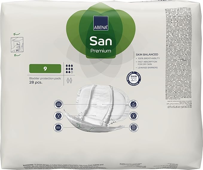 Abena San Premium Incontinence Pads, Heavy Absorbency, (Sizes 8 to 11), Size 9, 56 Count