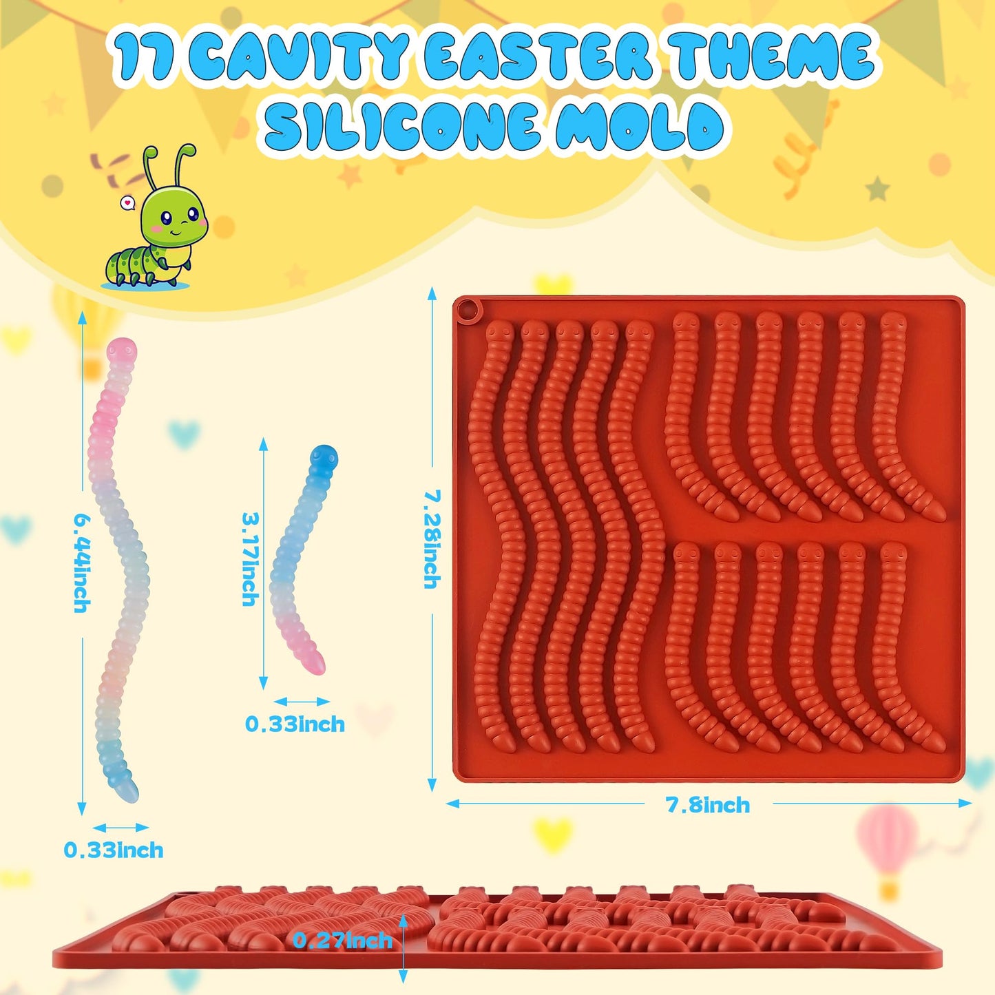Wilewir 7Pcs Gummy Worm Molds Silicone for Gummies Candy, Worm Gummy Candy Chocolate Molds Silicone for Candy