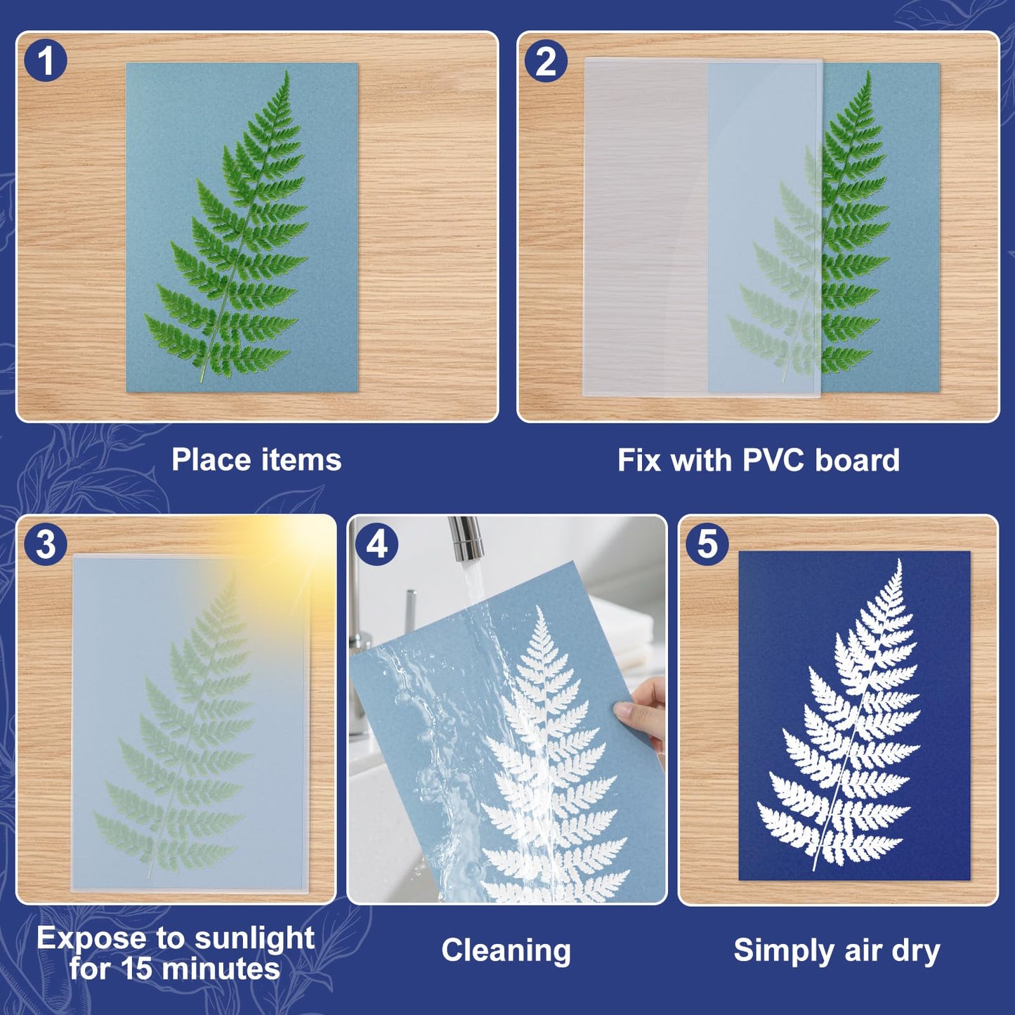 gisgfim Sun Cyanotype Printing Paper Kit A4 A5 A6 4 inch Paper 100 Sheets with 2 Sheet PVC Board and 1 Pc Manual High Sensitive Nature Solar Activated UV Sun Printing for Arts DIY Crafts Project
