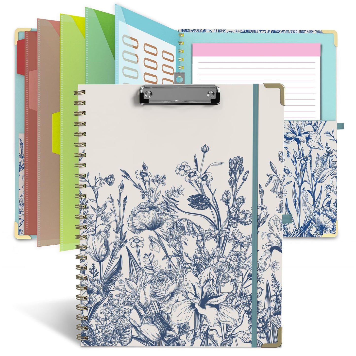 Foldable Clipboard Folio with Storage, 5 Plastic Folders with 10 Pockets,Refillable Lined Notepad (11" x 8.5"), Hardcover Project Organizer Nursing Teacher School Essentials