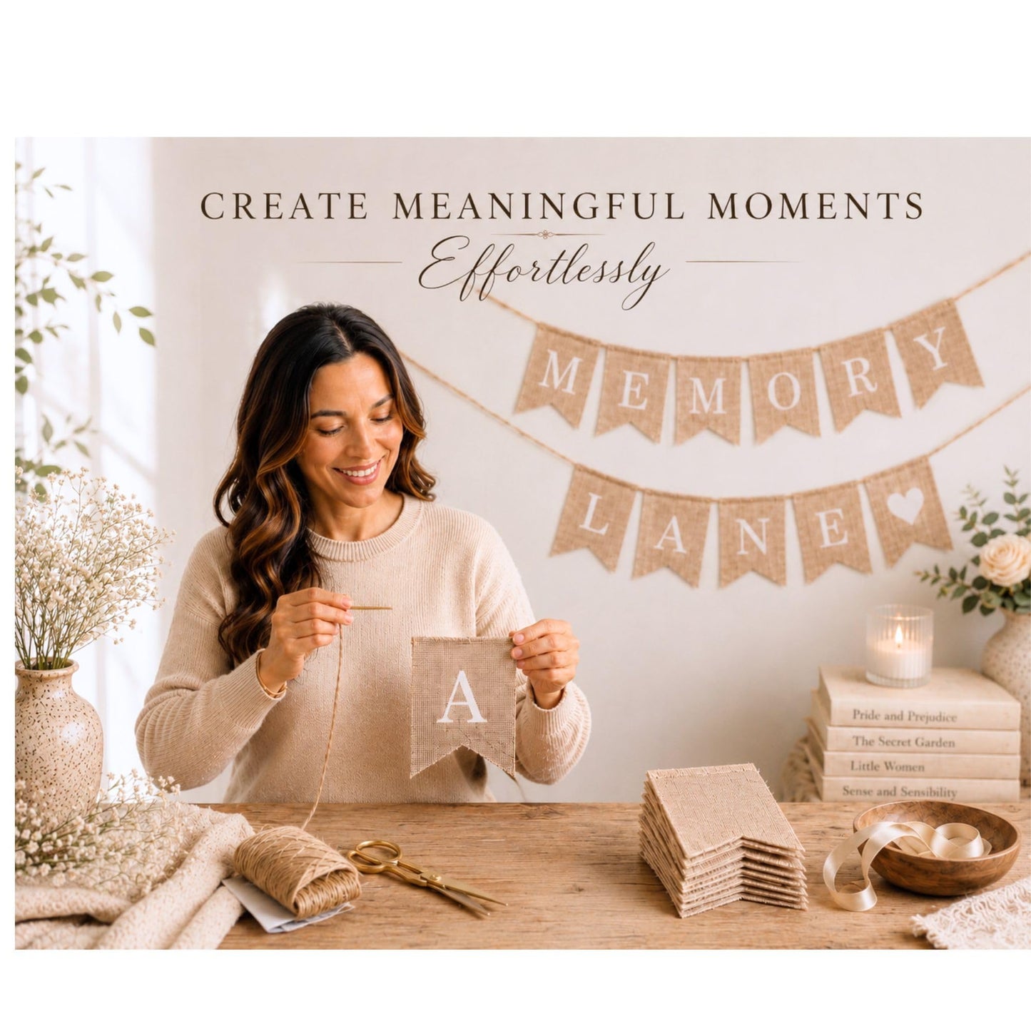 Pre-Printed Banner Kit – 97 BURLAP Flags with WHITE Letters, Numbers & Symbols, Reusable DIY Custom Banner, Make Your Own Personalized Banner for Aesthetic Party Decor, Natural Linen-Look Burlap, Includes Twine & Needles