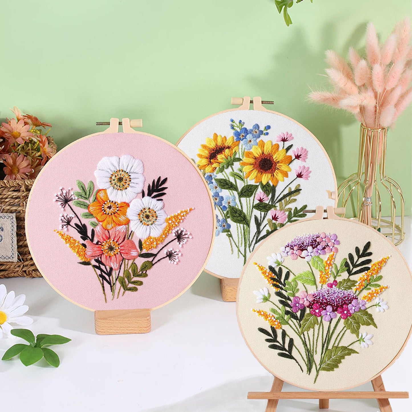Ohcol 3 Sets Embroidery Kit for Beginners Cross Stitch Kits Needlepoint Kits Crafts for Adults with 3 Embroidery Hoops Easy-to-Follow Operating Instructions,Needle Point Kits with Flowers Patterns