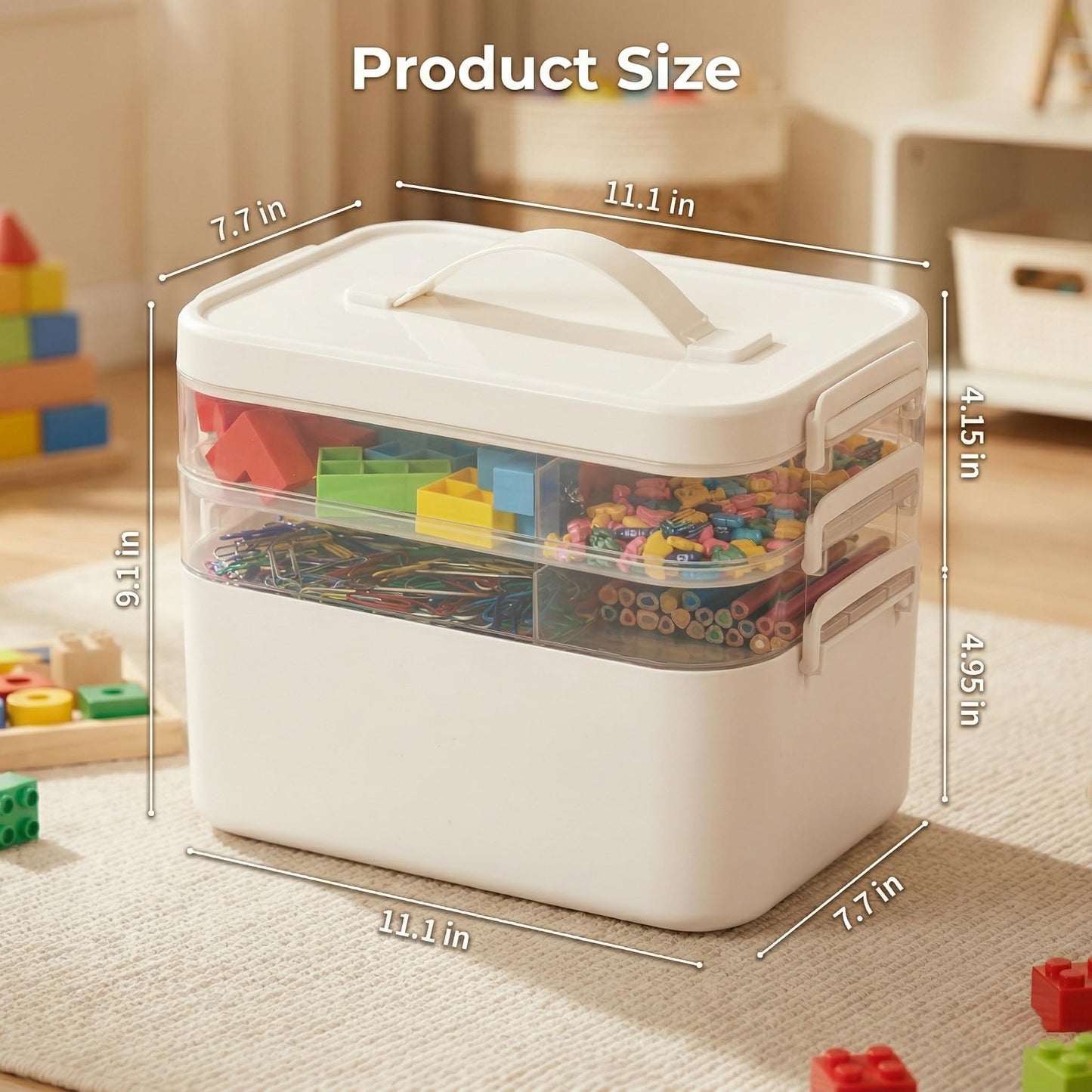 MERATIA 13.3 QT Art Supply Organizer Box with Handle, White 3-Tier Stackable Craft Storage Container with Removable Trays for Markers, Paints, Beads and Sewing Accessories 11.1''x7.7''x9.1''
