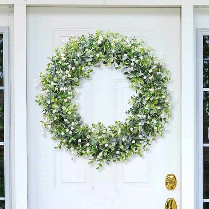 Faux Eucalyptus Garland 4 Pack – 24ft Artificial Greenery Vine with White Flowers for Wedding, Party & Mantle Decor