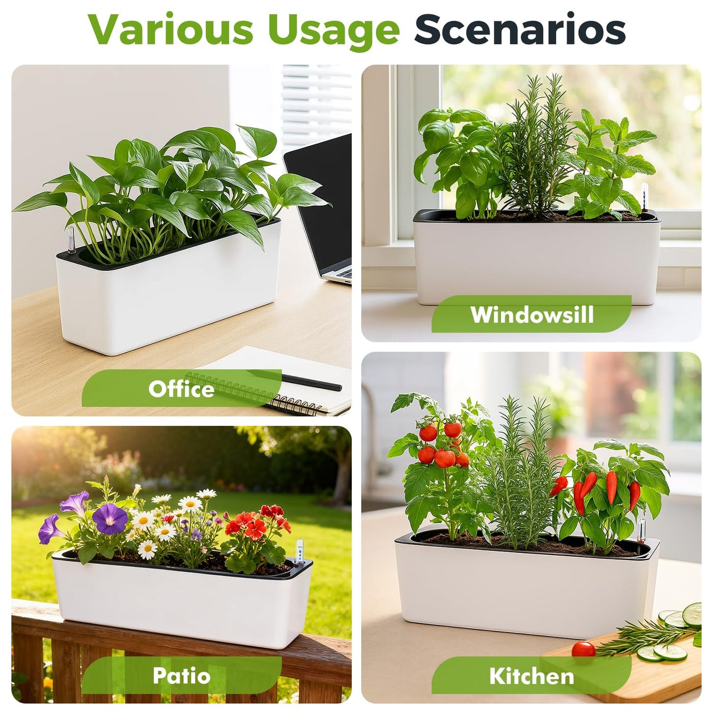 2 Pack Rectangular Planter 15.6 x 5.4 in Self Watering Planter Window Sill Planters Indoor Rectangle Plant Pot Self Watering Pots Plastic Plant pots with Drainage Holes Black Flower Pot