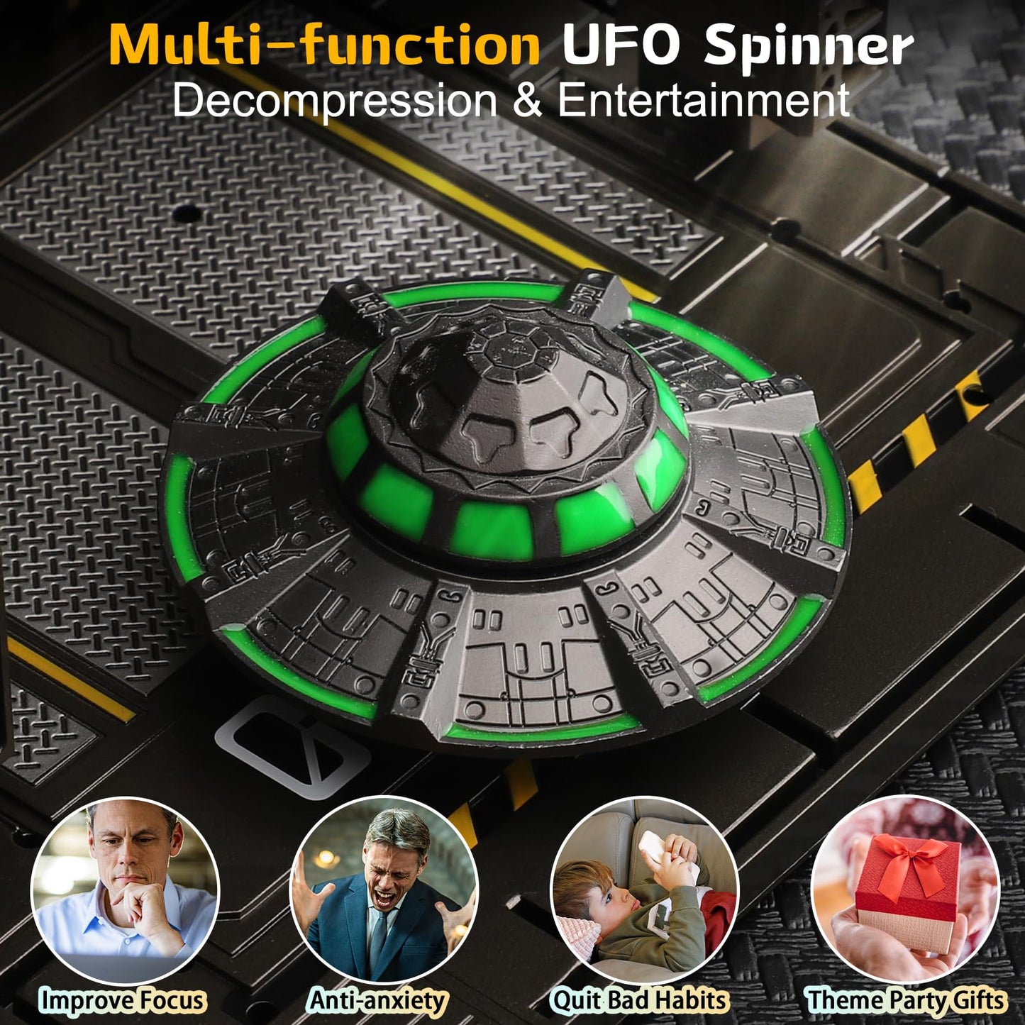 UFO Fidget Spinner for Kids Adults, Metal Luminous Space Desk Toy, Cool EDC Gadgets Anxiety Stress Relief Toys, Holiday Stocking Stuffer, Birthday Party Favor Gifts for Office Spaceship Toy