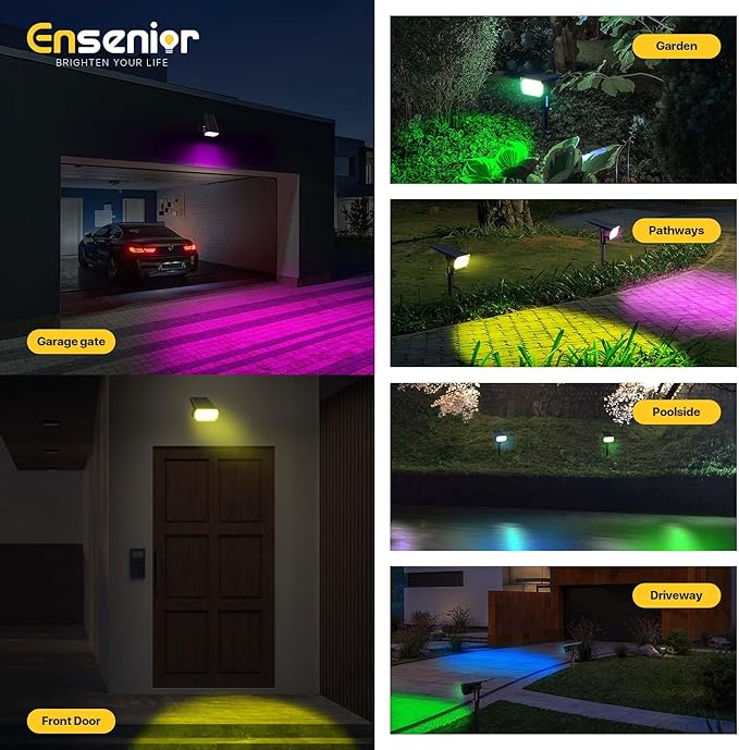 Ensenior Solar Spotlights Outdoor RGB, 7+1 Color Changing Mode Outdoor Landscape Lighting, IP65 Waterproof, Automatic ON/Off Solar Powered Spotlight, Halloween Christmas Decorations (4-Pack)