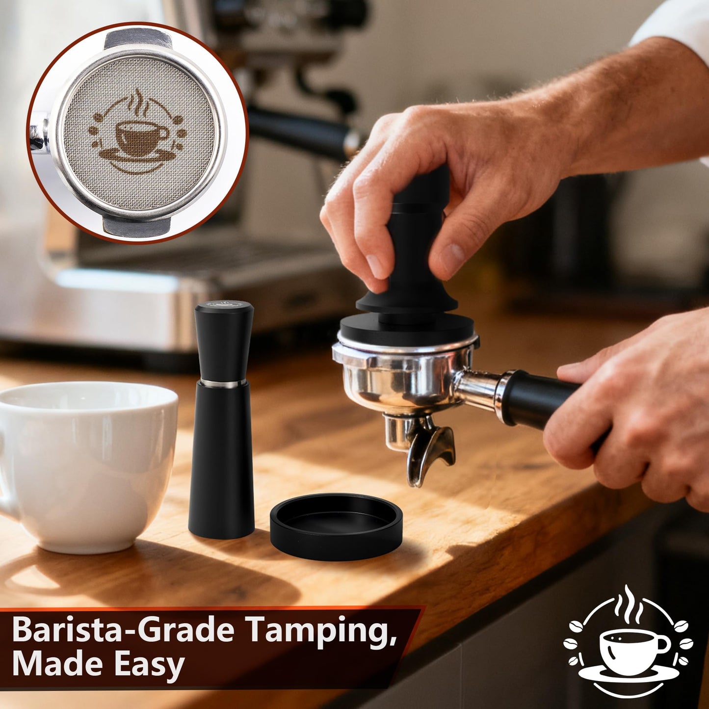 Espresso Tamper 58mm – Fits E61 Portafilter – Compatible With Rocket, Gaggia Classic, Rancilio Silvia, ECM, Profitec, La Marzocco – Spring Loaded Calibrated Self Leveling Coffee Tamper Tool