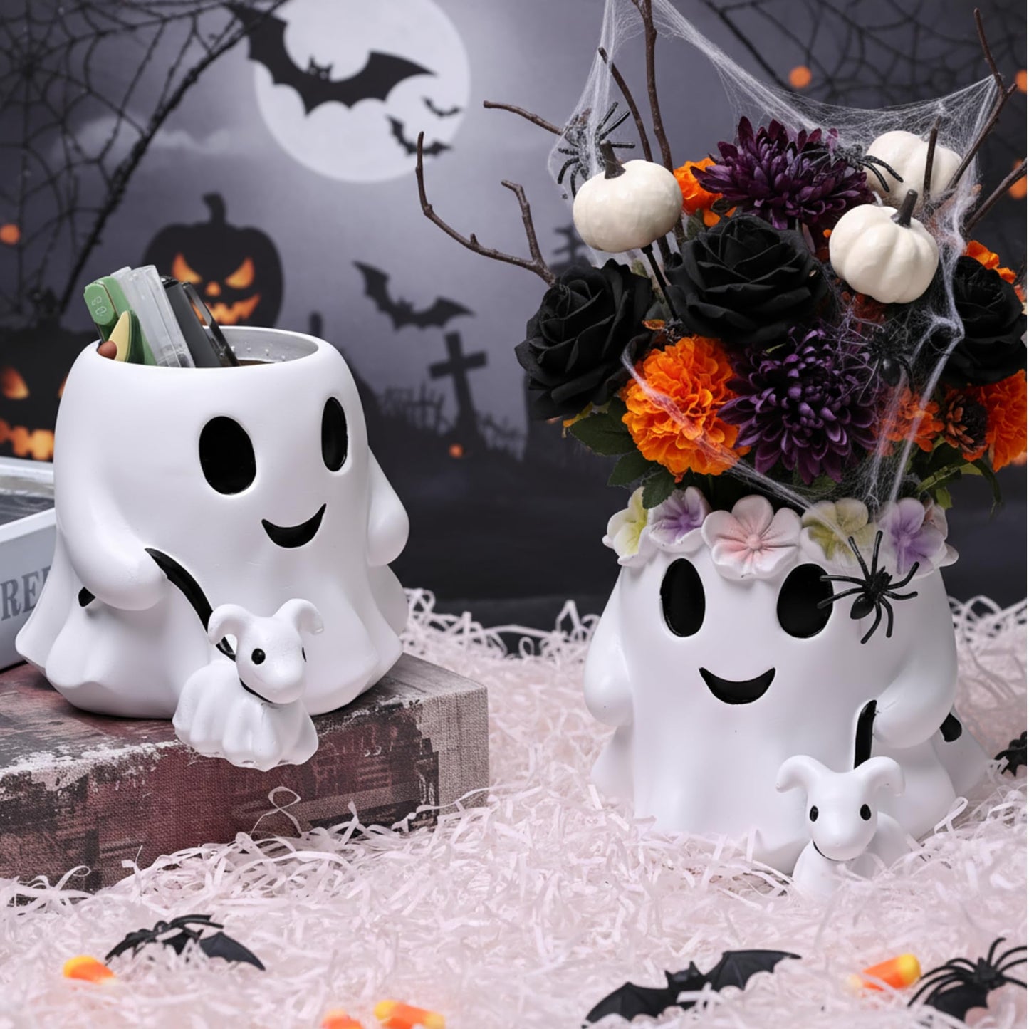 Chunful 2 Pcs 6 Inch Couple Ghost Pen Holder Ghost Buckets Desk Table Centerpieces Decor Resin Bucket Vase Planter Pot Gift for Indoor Outdoor Garden Home Table Decoration