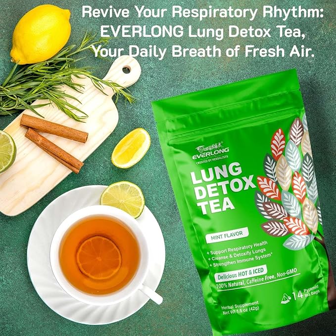 EVERLONG Lung Detox Tea – Mullein Tea with Thyme, Ginseng, Lungwort, Eucalyptus, Liquorice, Spearmint and Sage for Lung Cleanse and Respiratory Health – 14 Herbal Tea Bags, All Natural, Caffeine-Free