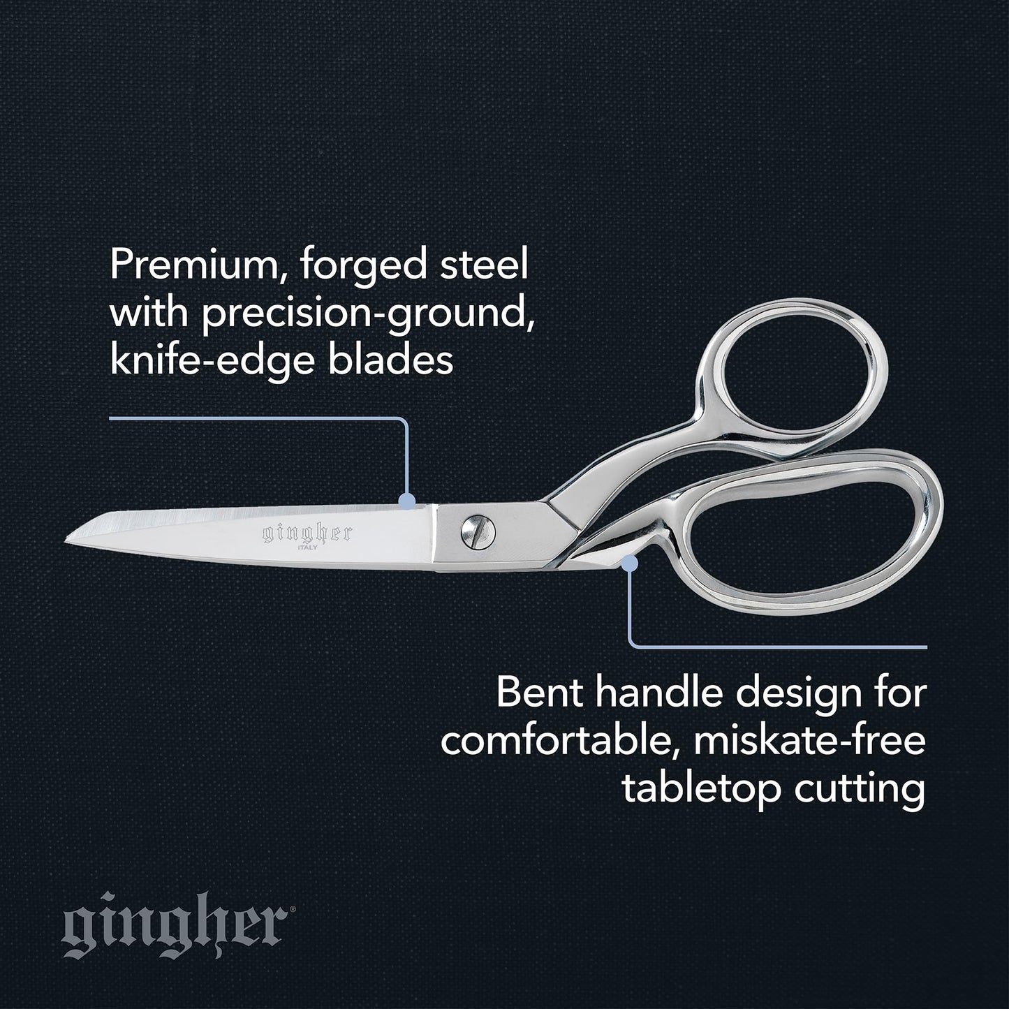 Gingher 8" Dressmaker's Fabric Scissors, Stainless Steel Shears, Sharp Knife Edge Steel Sewing Shears with Protective Sheath for Fabric Cutting and Tailoring, Chrome Plated Nickel Finish