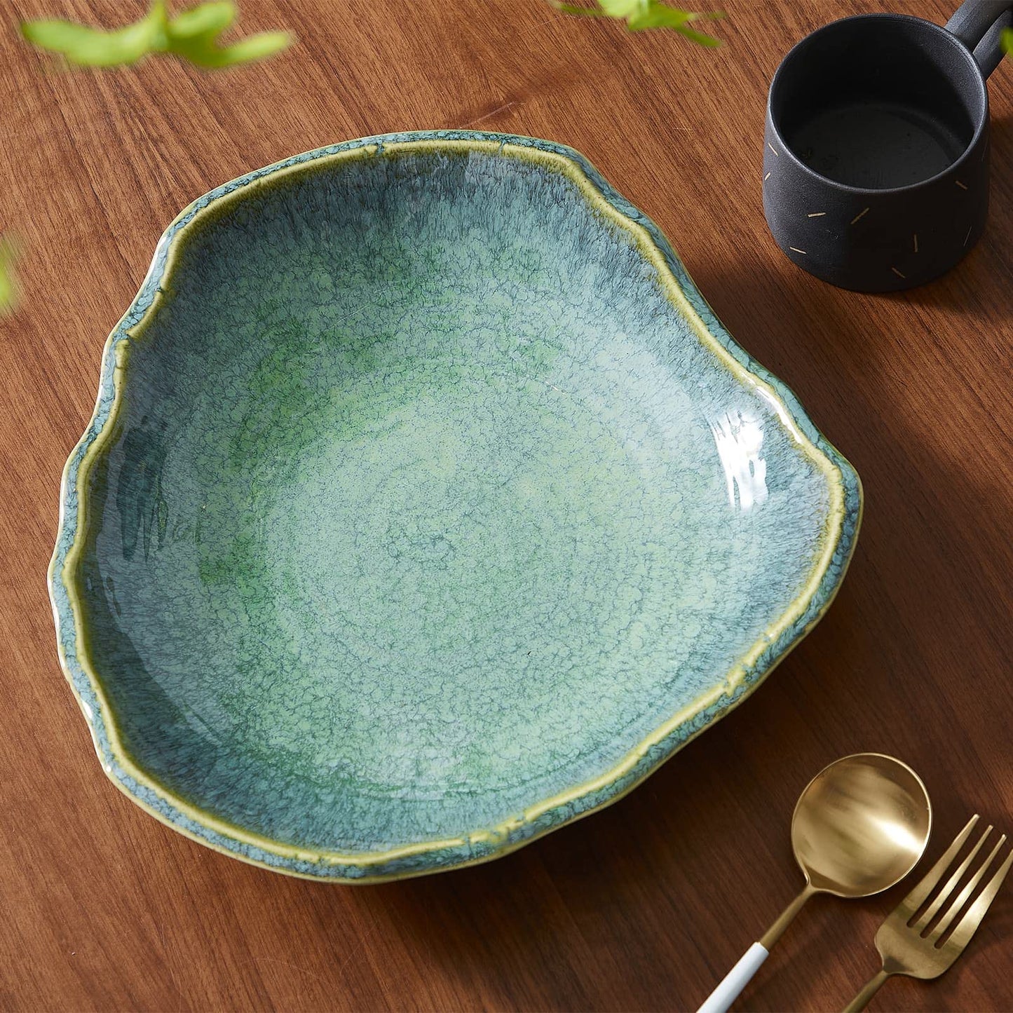 VOMANA Large Ceramic Decorative Bowl, 12" Green Reactive Glaze Centerpiece Bowl, Modern Coffee Table Decor, Entryway Catchall Key Bowl, Decorative Fruit Bowl for Dining Table Living Room (12'')