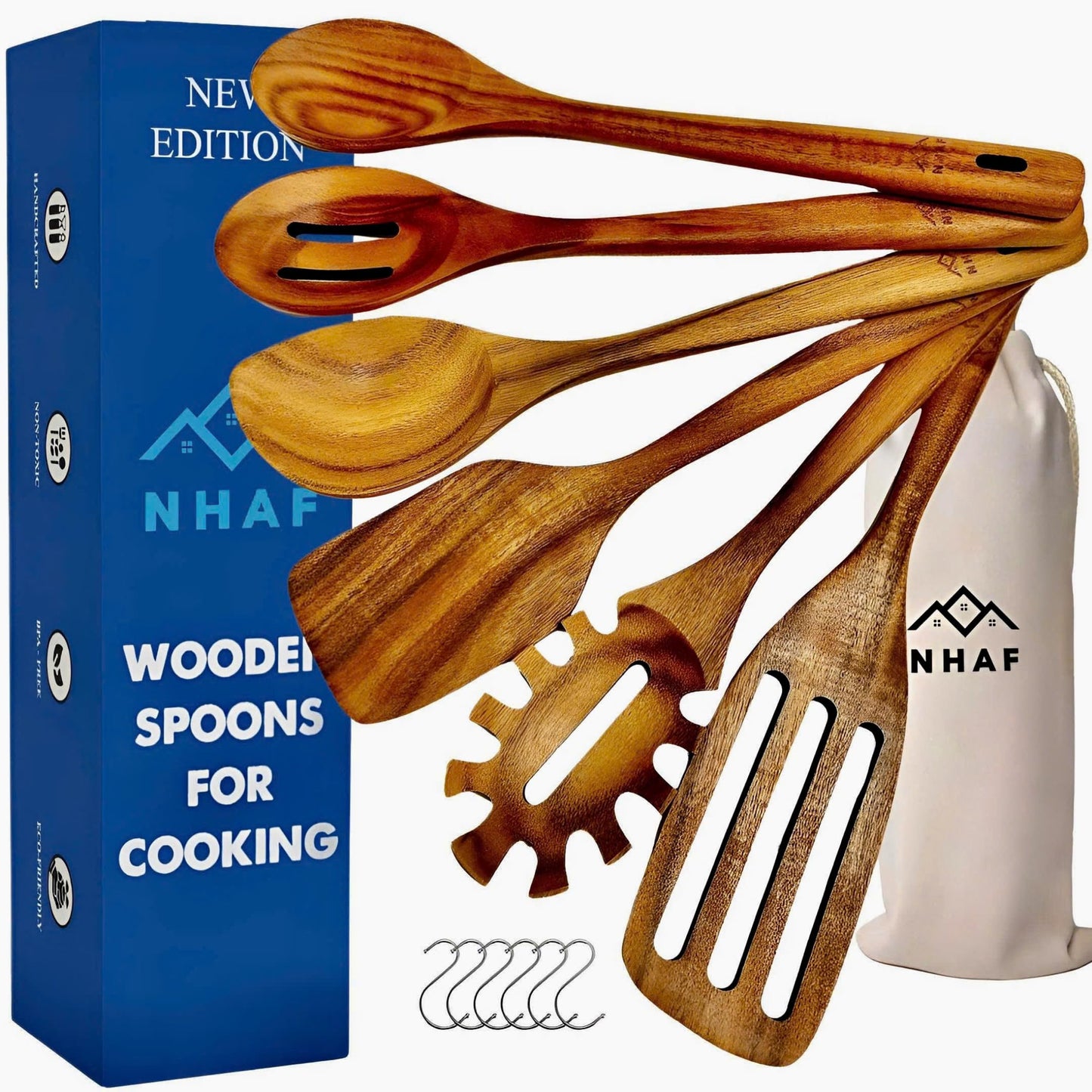 NHAF Wooden Utensils for Cooking, Premium Teak Healthy Spoons, Wooden Spoons for Cooking, Durable Eco-Friendly and Safe Teak Cooking Spoon, Cooking Gifts for Mom (set of 6) and Hooks