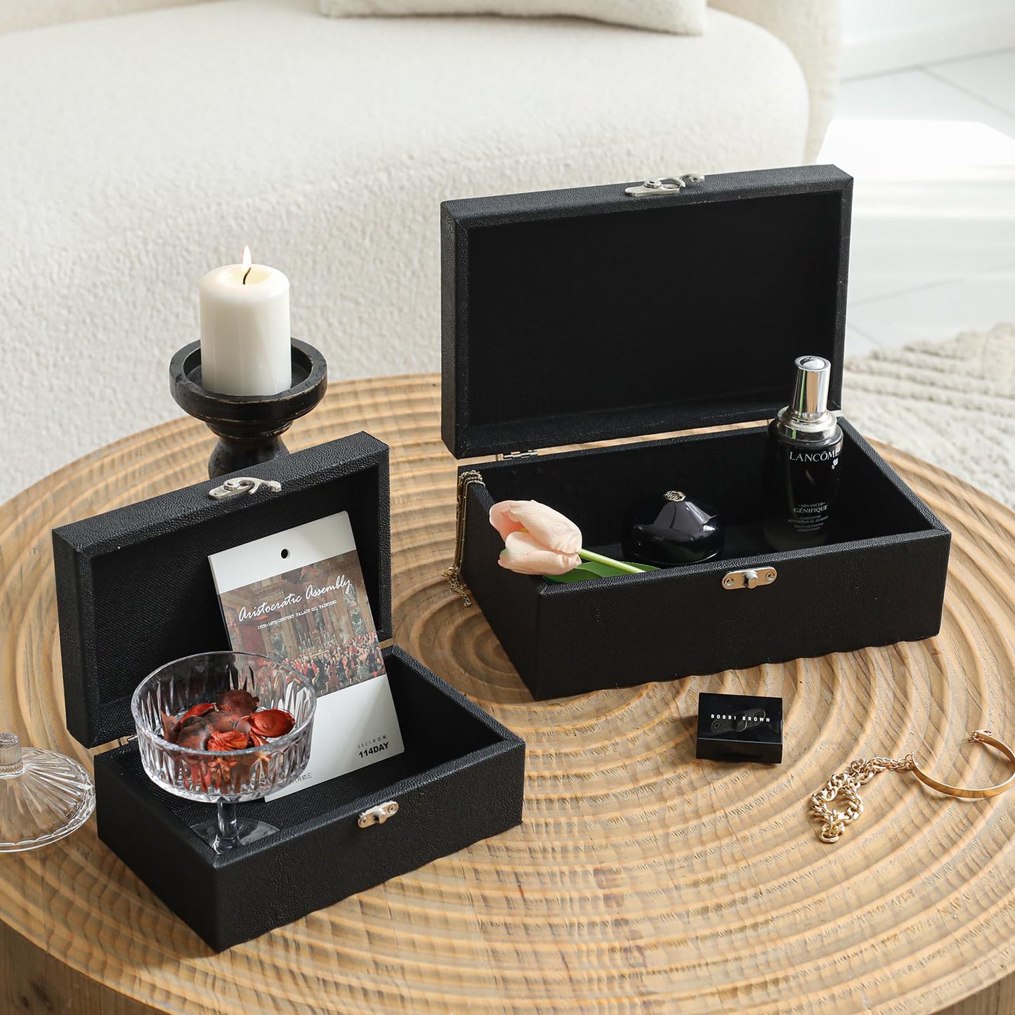 DECOR4SEASON Faux Shagreen Leather Decorative Storage Boxes Set of 2, Black