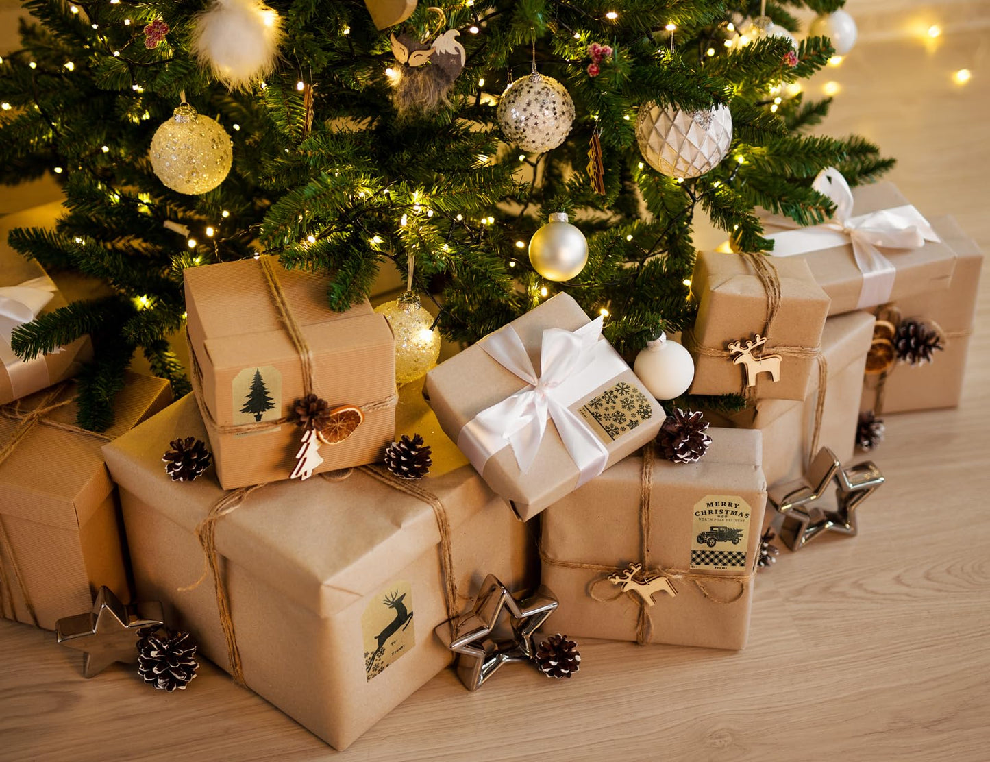 Natural Kraft Gift Tags Holiday Present Stickers 4 Different Designs 2 x 3 Inch 100 Total Labels