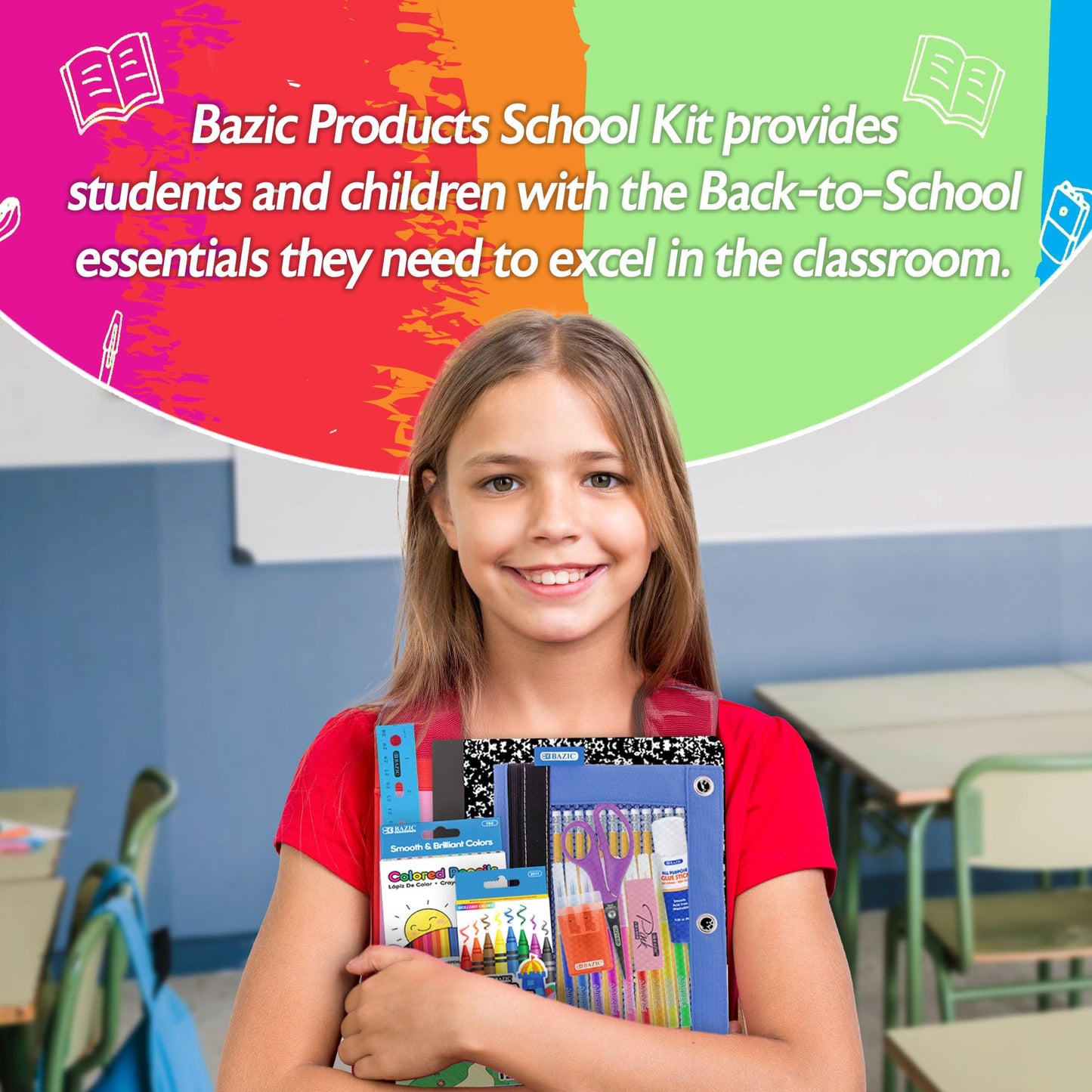 BAZIC Products School Kit Pack 60 Count, School Supply Box for Elementary Student K-6, Ruler Composition Book Pencil Eraser Crayon, 1-Pack