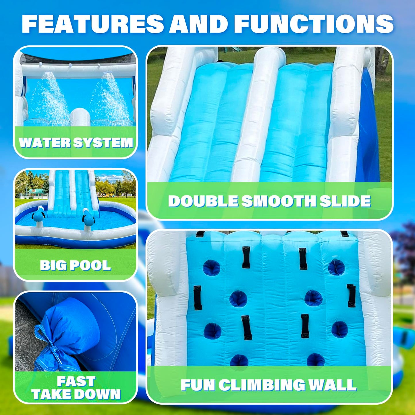 Inflatable Double Water Slide-17.7FT Large Climber Inflatable Water Park for Big Kids 5-10-Huge Splash Pool-Easy to Set Up & Inflate with Air Blower,Carrying Case,Water Pipe,Storage Bag-Bule