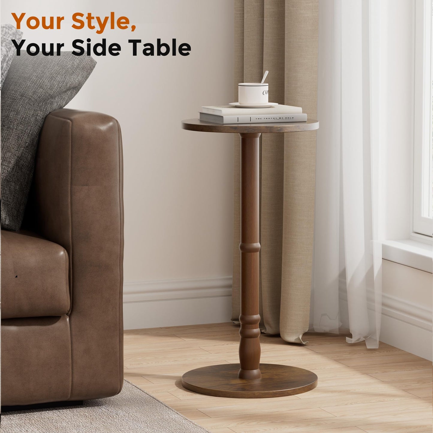 Homleke 12" Round Side Table, Solid Wood Pillar with Wood Top & Base, Small Drink Accent Table for Living Room, Bedroom, Sofa & Office, Easy Assembly, Rustic Brown