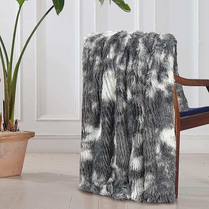 Tuddrom Decorative Extra Soft Faux Fur Blanket Queen Size 80"x90",Solid Reversible Fuzzy Fluffy Plush Fleece Comfy Microfiber Fur Blanket for Couch Sofa Bed,Tie Dye Grey