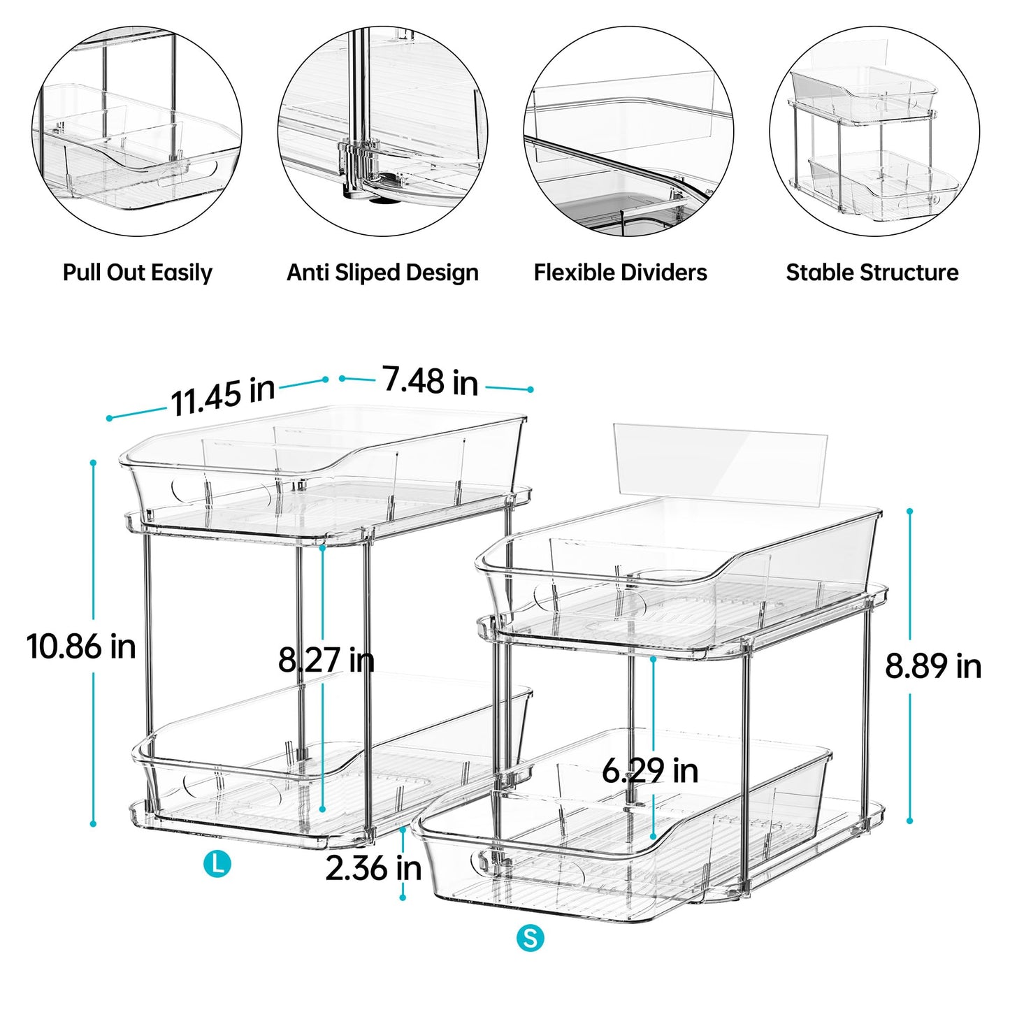 Delamu 2-Tier Under Sink Organizers and Storage, Multi-Purpose Stackable Bathroom Cabinet organizers, Pull Out Kitchen Pantry Organization and Storage with Dividers(2 Pack, Clear)