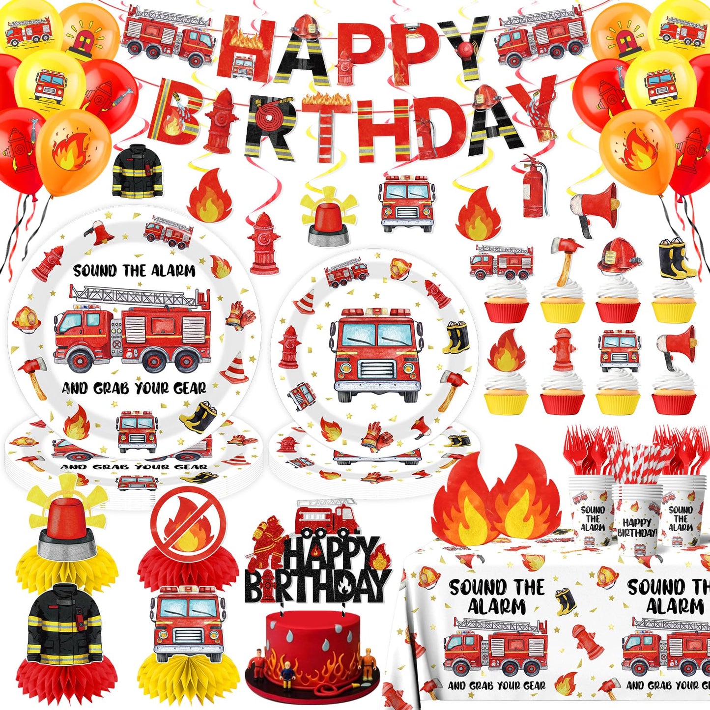 219pcs Firetruck Birthday Decorations Tableware Include Fire Truck Plates and Napkins Set, Cups, Banner, Hanging, Tablecloth, Cake Topper, Cupcake Topper for Firefighter Party Decorations Serve 24