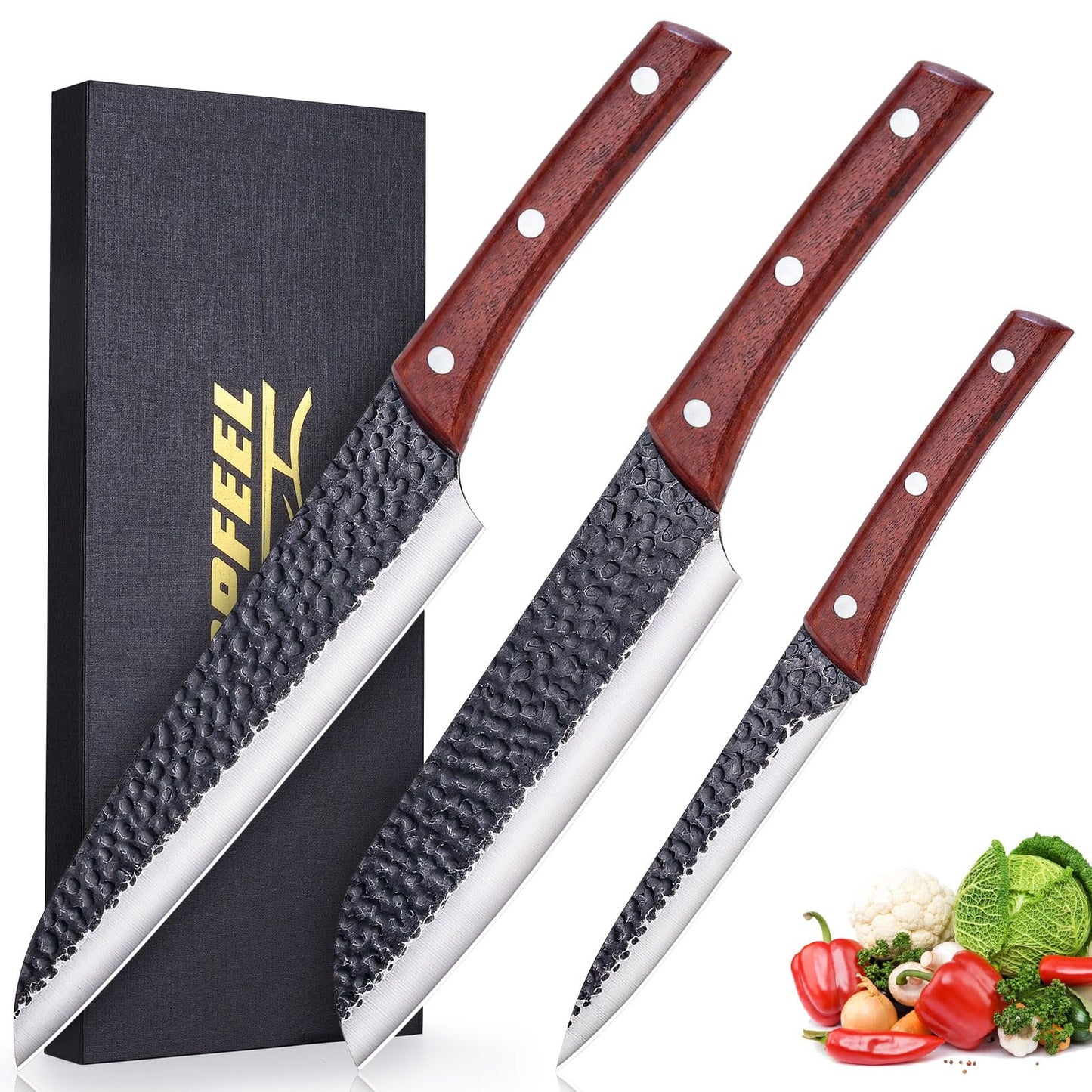 Topfeel 3PCS Kitchen Knife Set, Hand Forged High Carbon Stainless Steel Chef Knife Sets, Ultra Sharp Professional Japanese Knife Sets With Wood Ergonomic Handle & GIFT BOX