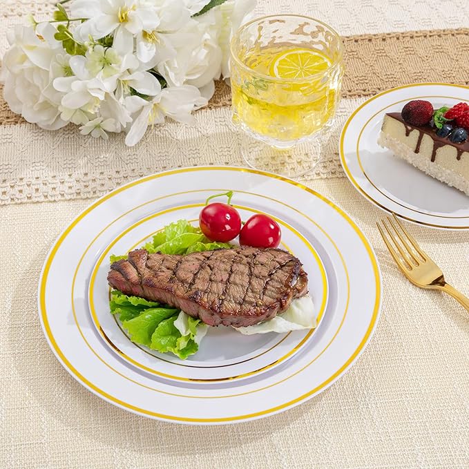 100Pcs Gold Plastic Dessert Plates, Plates Disposable Salad Plate with Gold Rim, Premium Hard Fancy Small Plate, Heavy Duty Plastic Cake Platos for Party, Wedding and Birthday
