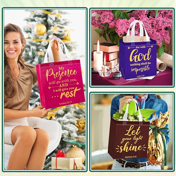 HunnmingRe 64 Pcs Christian Gift Bags Bulk, Easter Reusable Religious Bible Verse Tote with Handles Non Woven Scripture Pastor Blessing Gift for Baptism Church Wedding Favors