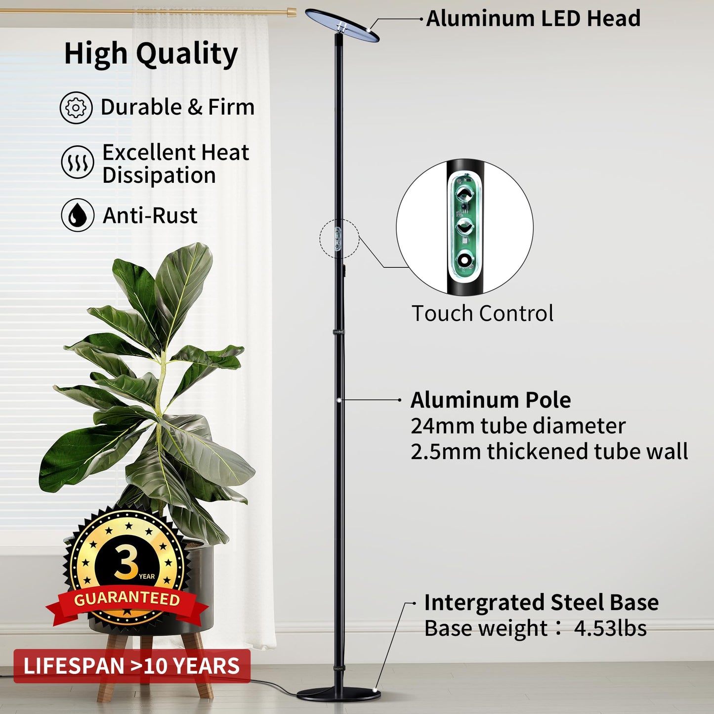 chiphy 85" Tall Grow Light for Large Indoor Plants, 60W Full Spectrum Plant Light with 4/8/12H Timer & Remote, 10-Level Dimmable, Height Adjustable, Ideal for Large Tall Plants & Indoor Trees