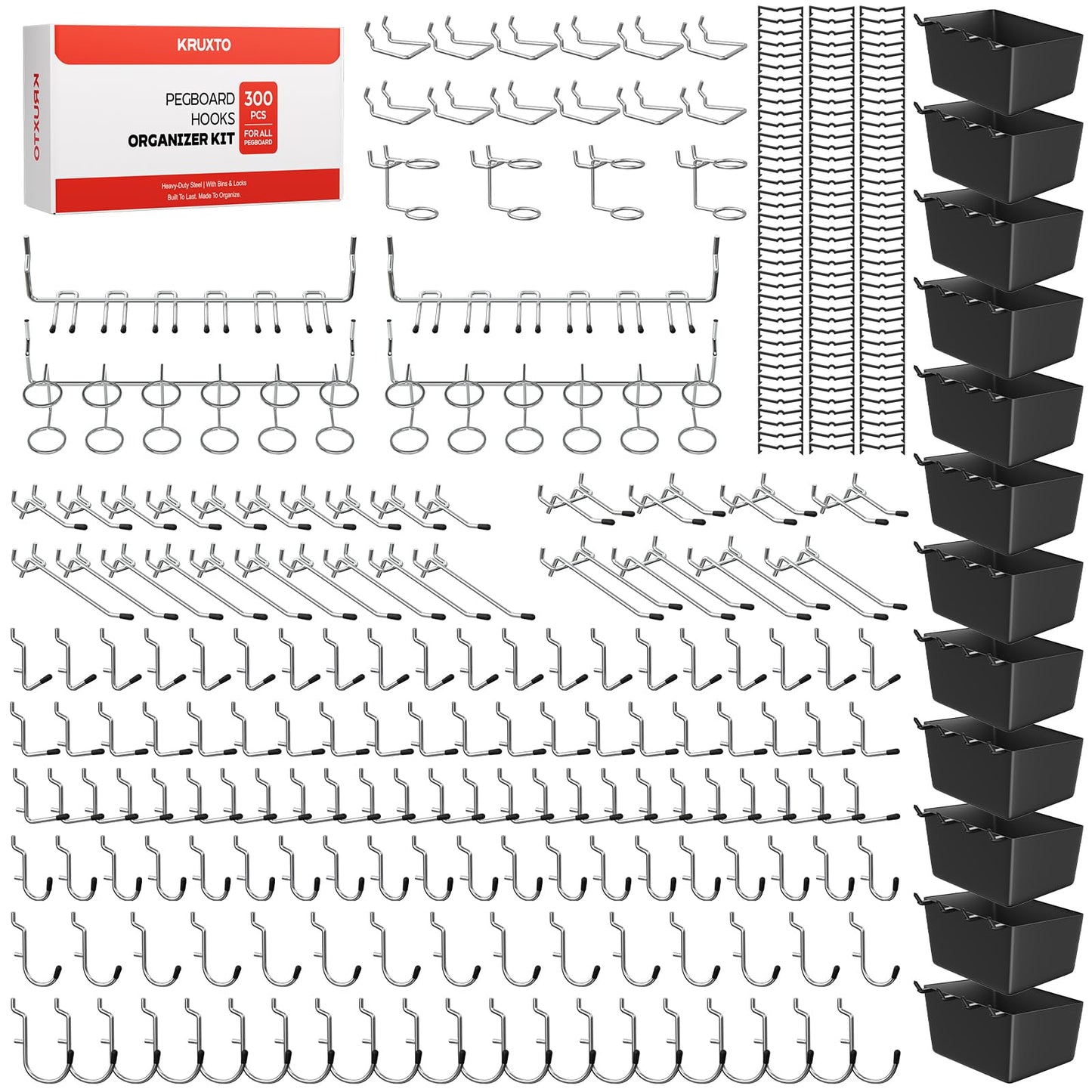 KRUXTO 300 PCS Pegboard Hooks Kit, Peg Board Organizer Accessories with Bins, Fit 1/8 or 1/4 Inch Pegboard for Hanging Various Tools in Garage, Workbench, Craft Room, Kitchen