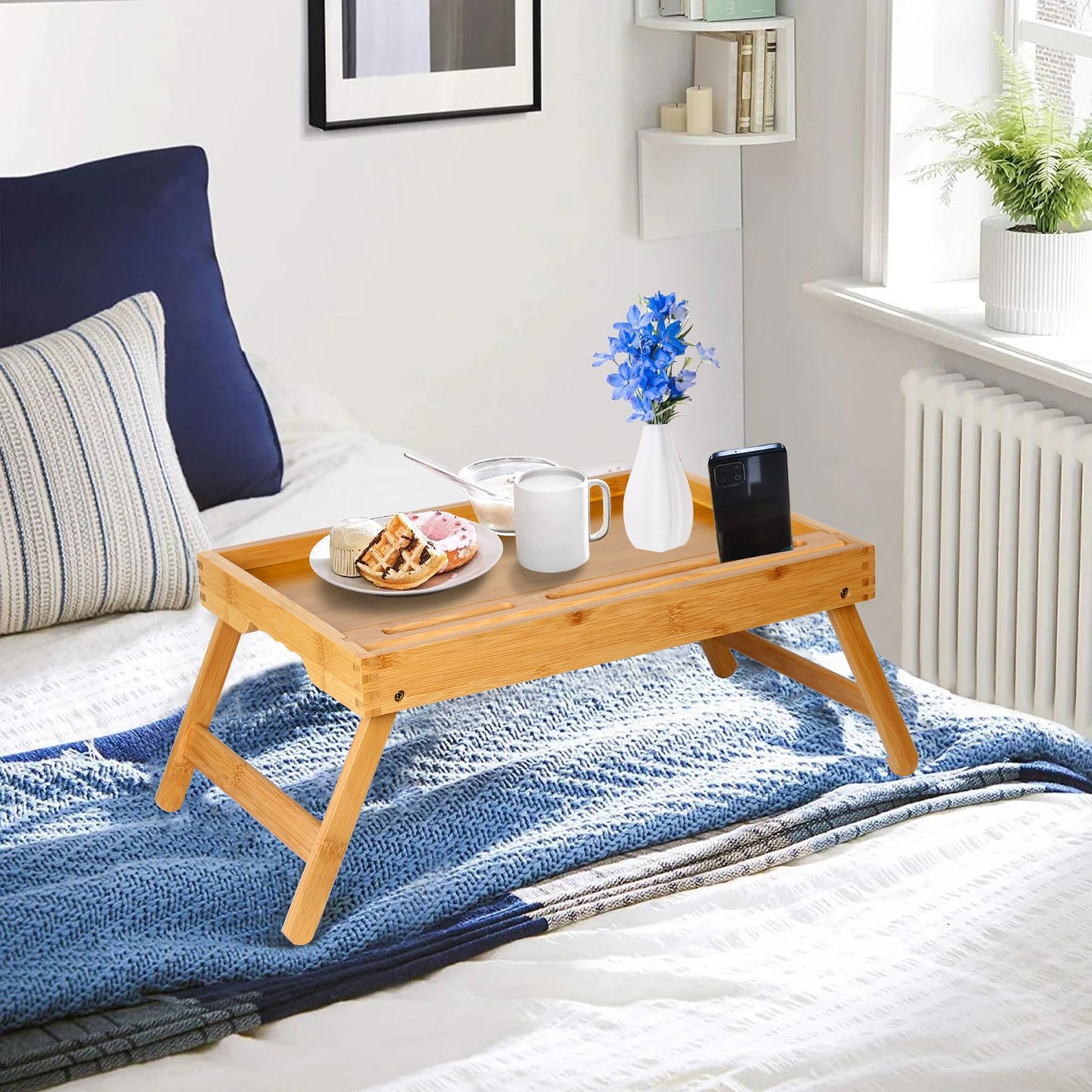 Asuthzon Bed Tray Table with Foldable Legs, Breakfast Food Trays for Eating on Couch with Media Slot for Bed, Eating, TV Tray, Kitchen Serving Tray(Bamboo, Medium)