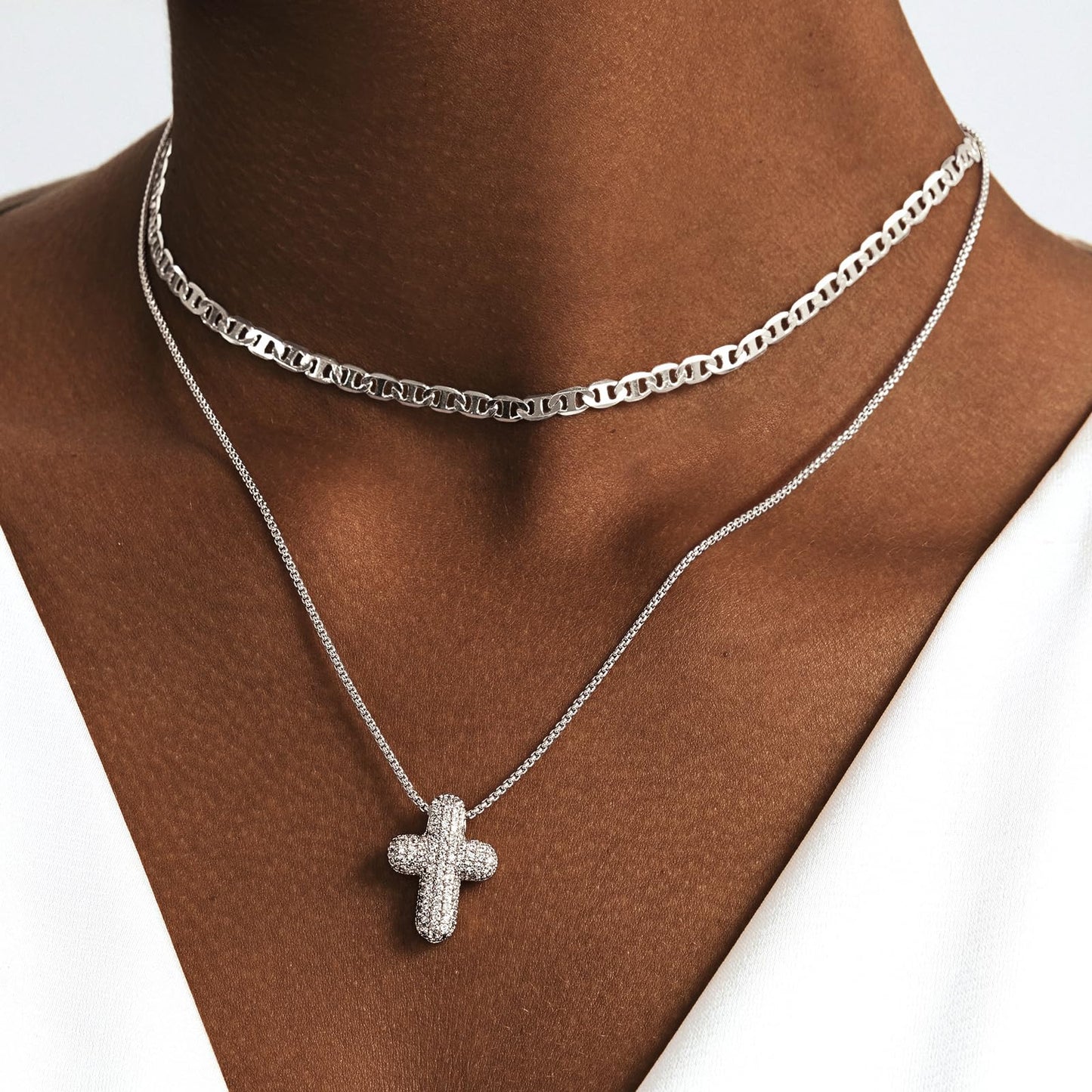 OGD Layered Silver Necklace for Women Silver Plated Cross Necklaces for Women Stackable Stacked Stacking Dainty Silver Necklace Mariner Chain CZ Cross Pendant Necklaces Set Simple Jewelry Gift