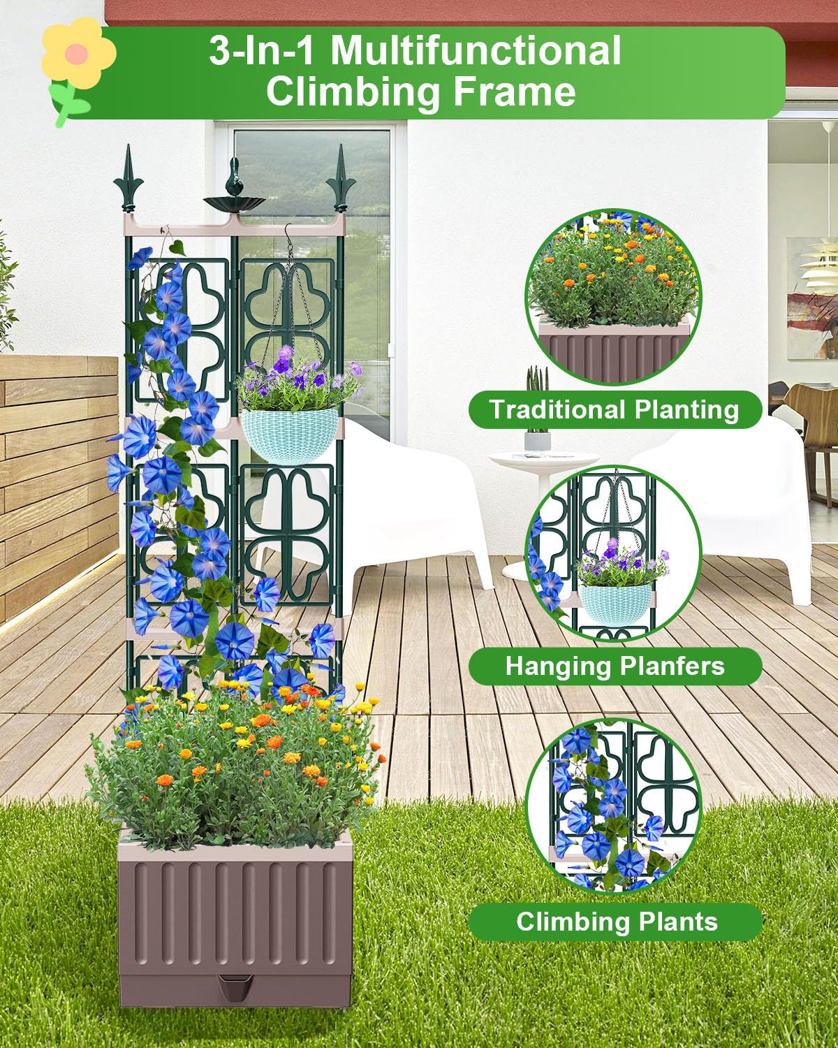 MQHUAYU Raised Garden Bed Planter Boxes with Trellis,61.4" Self-Watering Trellis with Planter Box for Climbing Plants Flowers Vegetables,Use for Indoor Outdoor