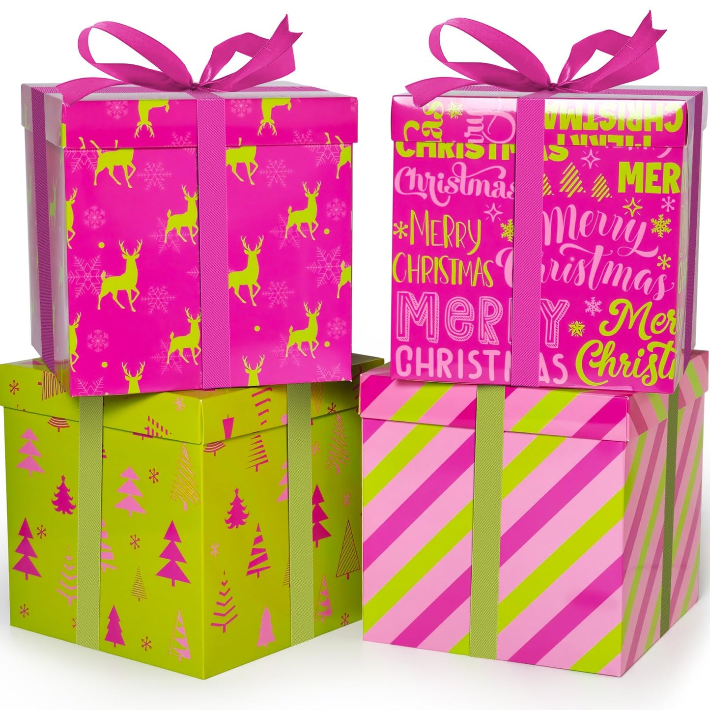 Cinrobiye 4 Pcs Christmas Gift Boxes with Lid,Ribbon and Tissue Papers,9" Black and White Christmas Winter Square Cardboard Box for Gift Wrapping Holiday Present Birthday Assorted Design (Green Pink)